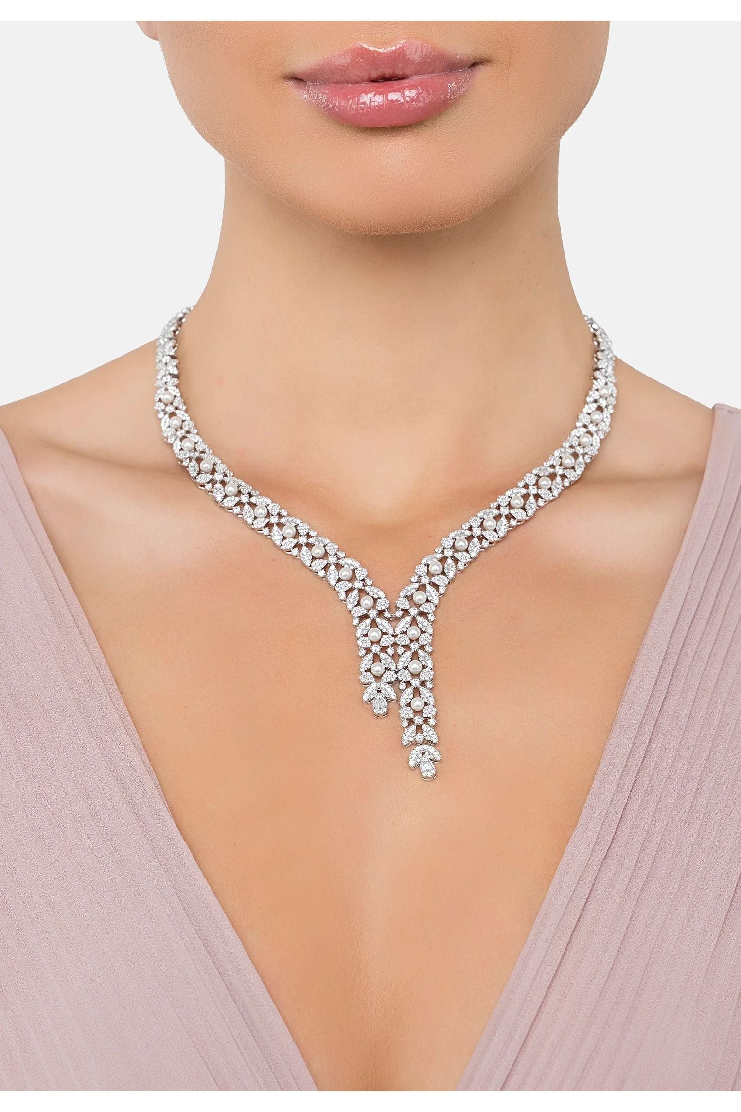 The necklace worn by a model.