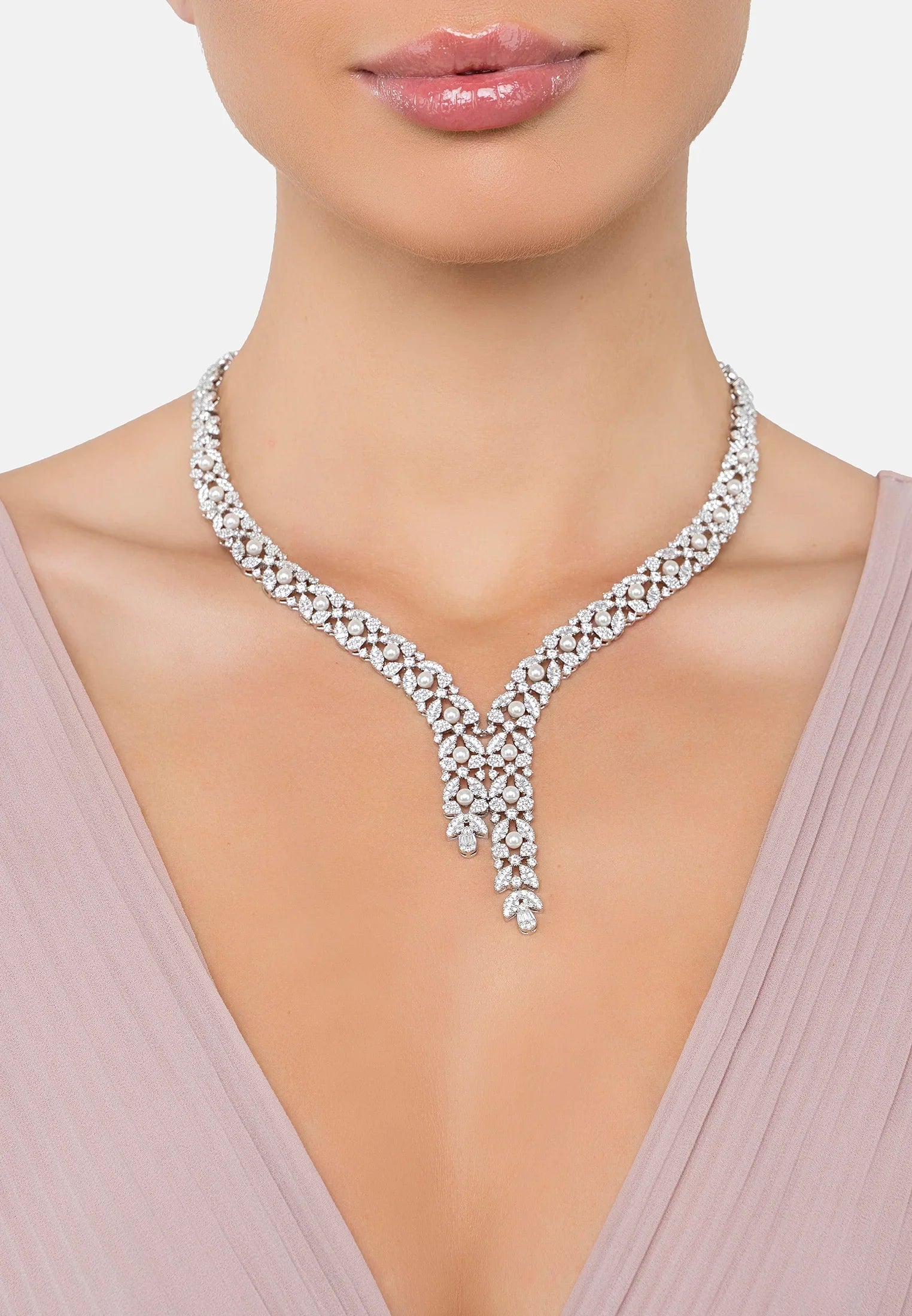The necklace worn by a model.