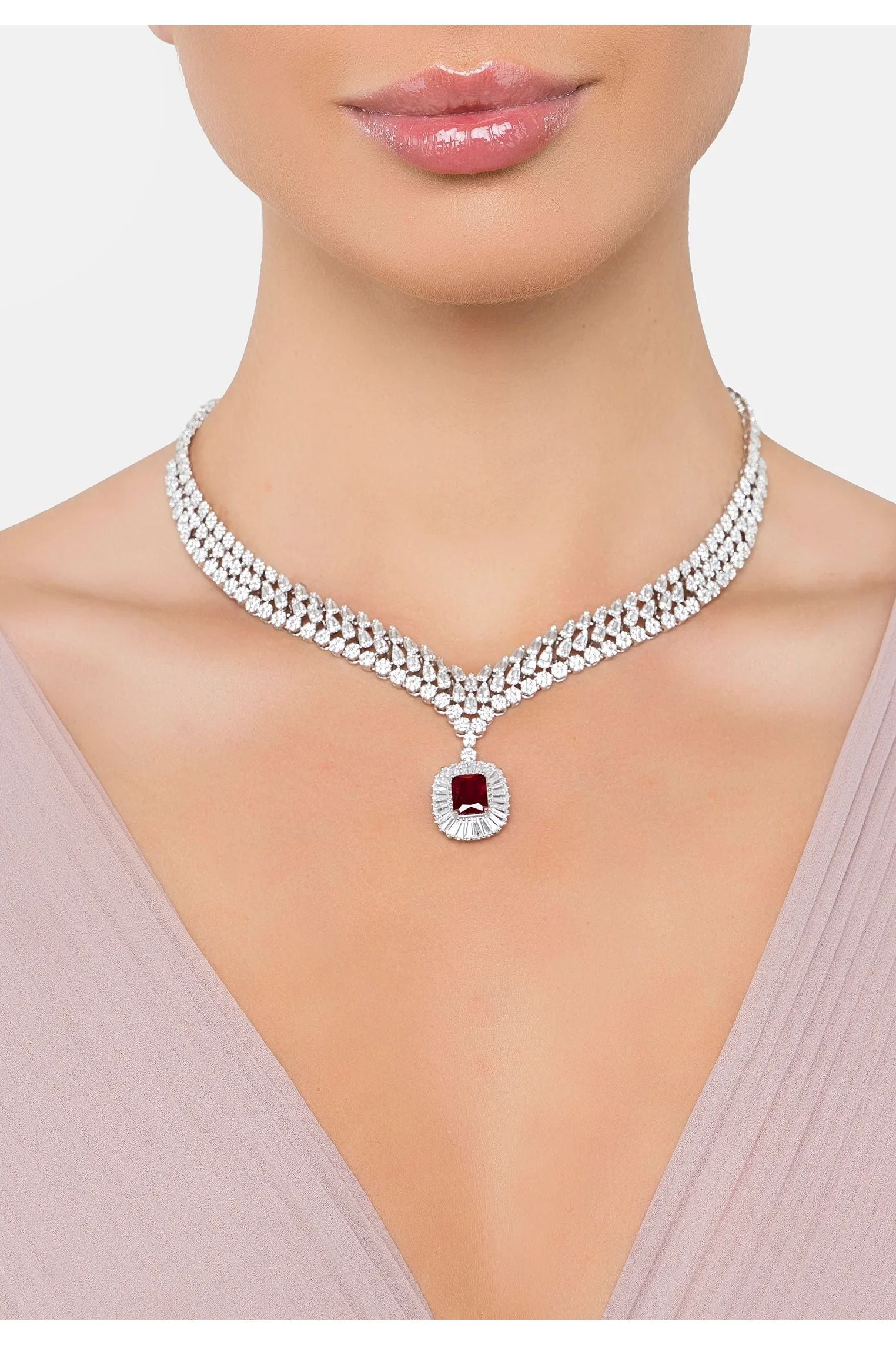 The necklace worn by a model.