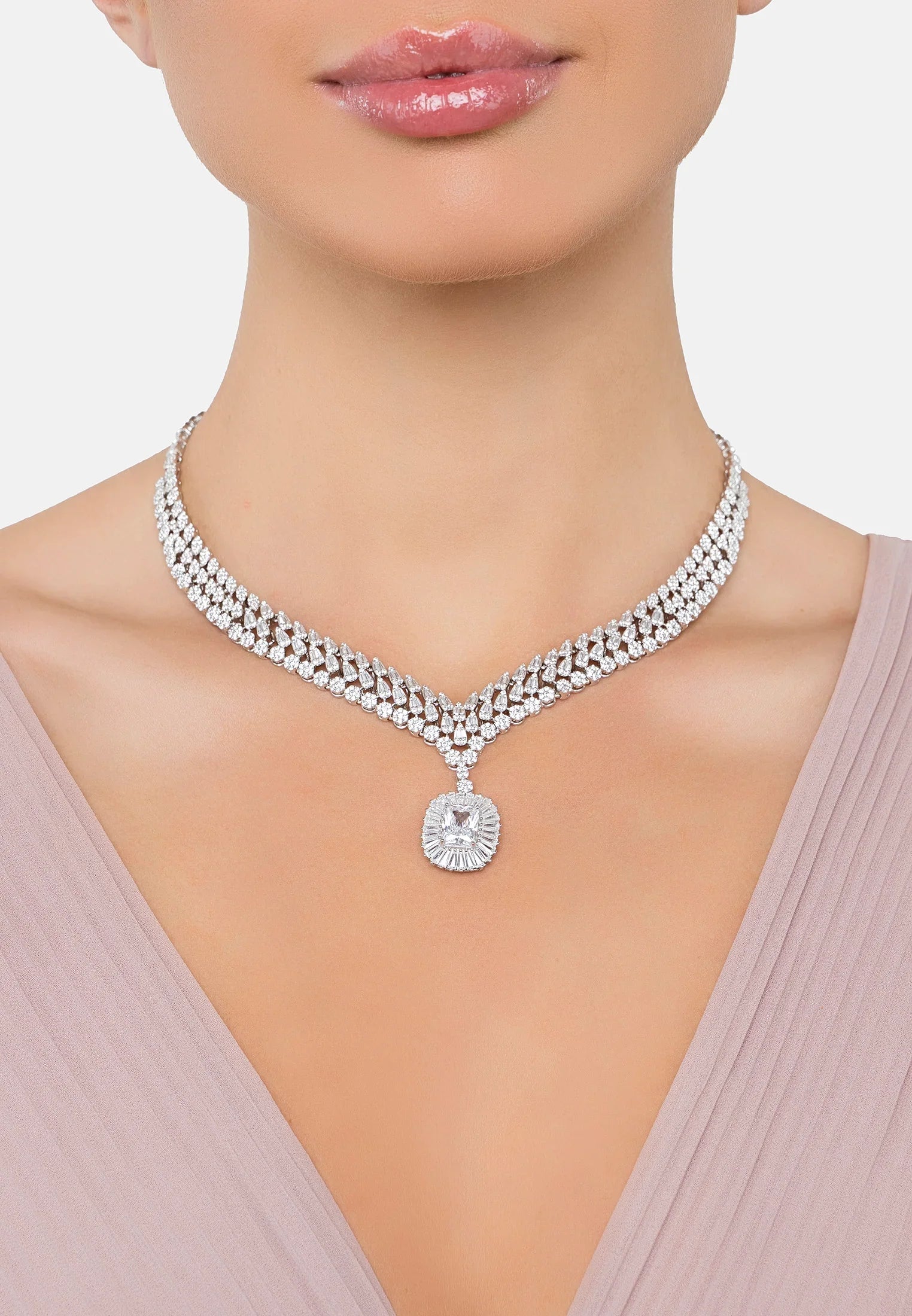 The necklace worn by a model.