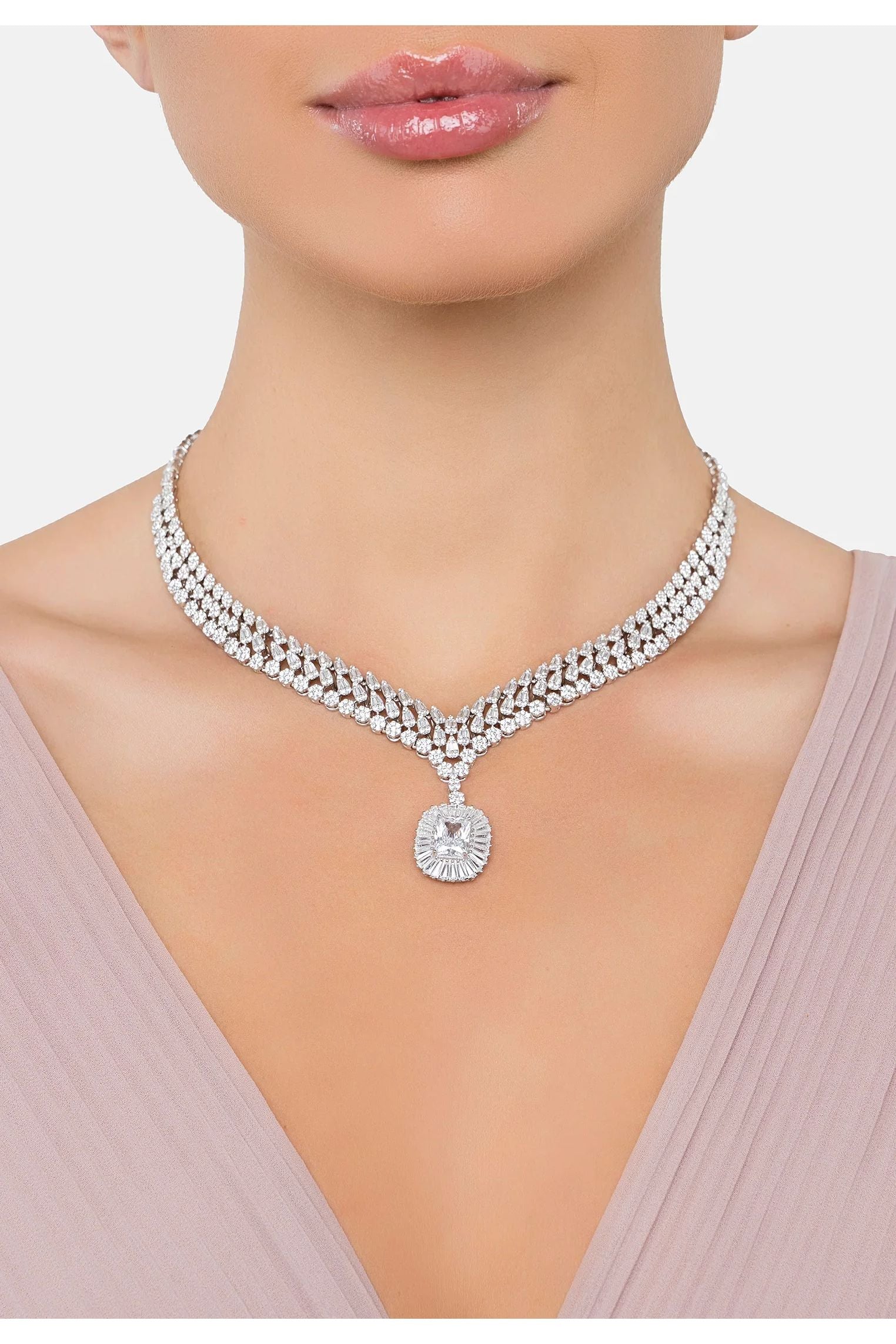 The necklace worn by a model.
