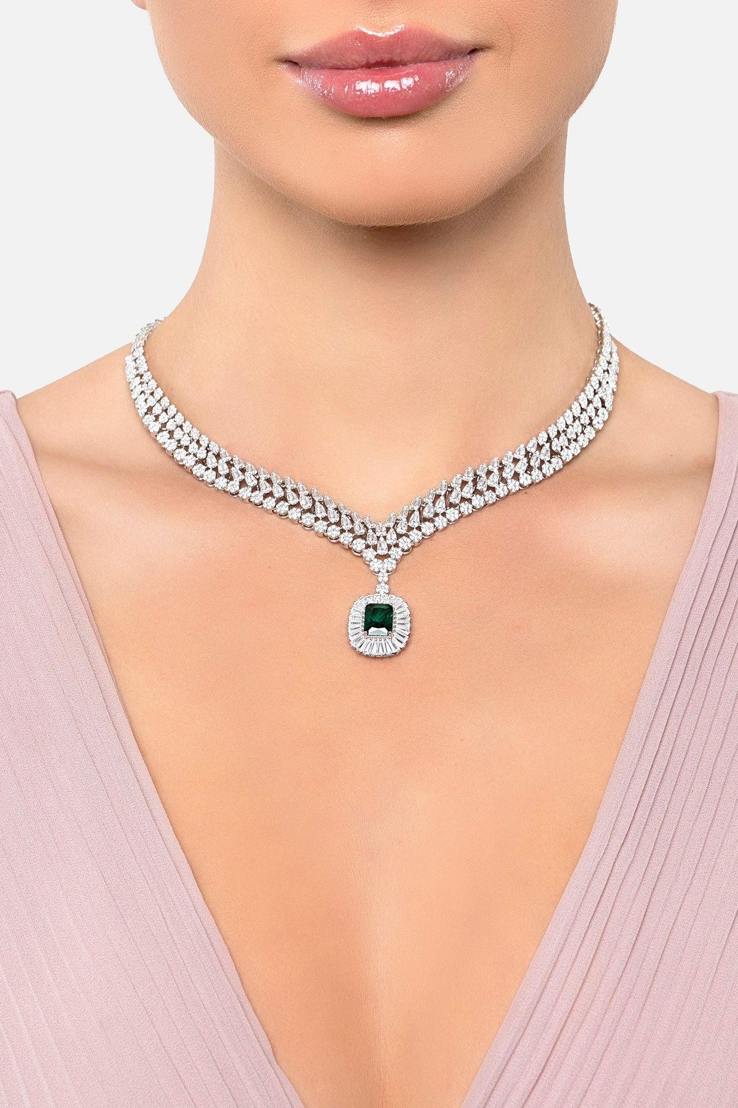 The necklace worn by a model.