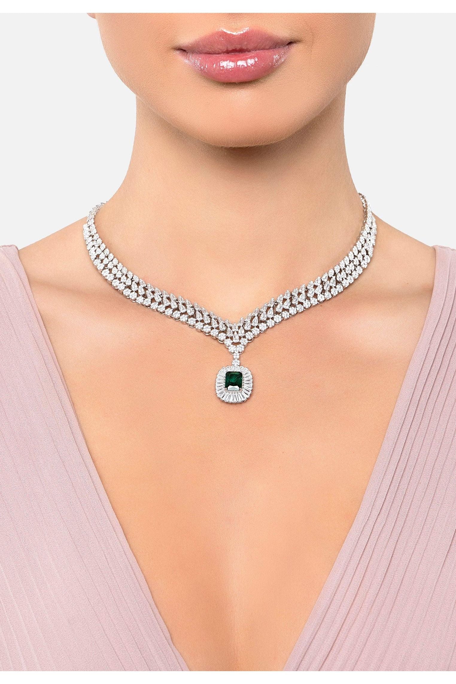 The necklace worn by a model.