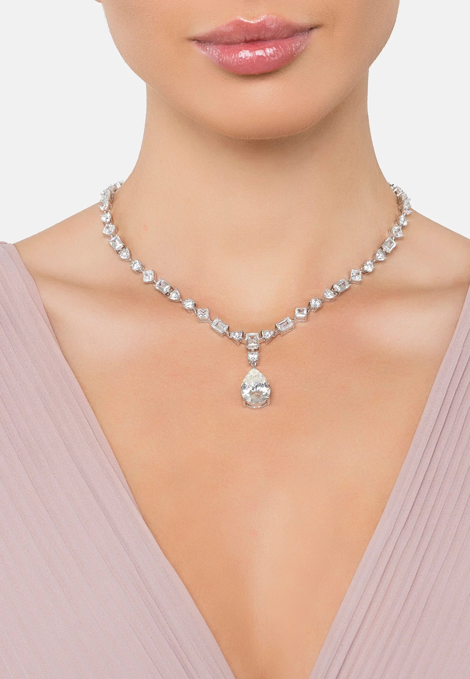 The necklace worn by a model.