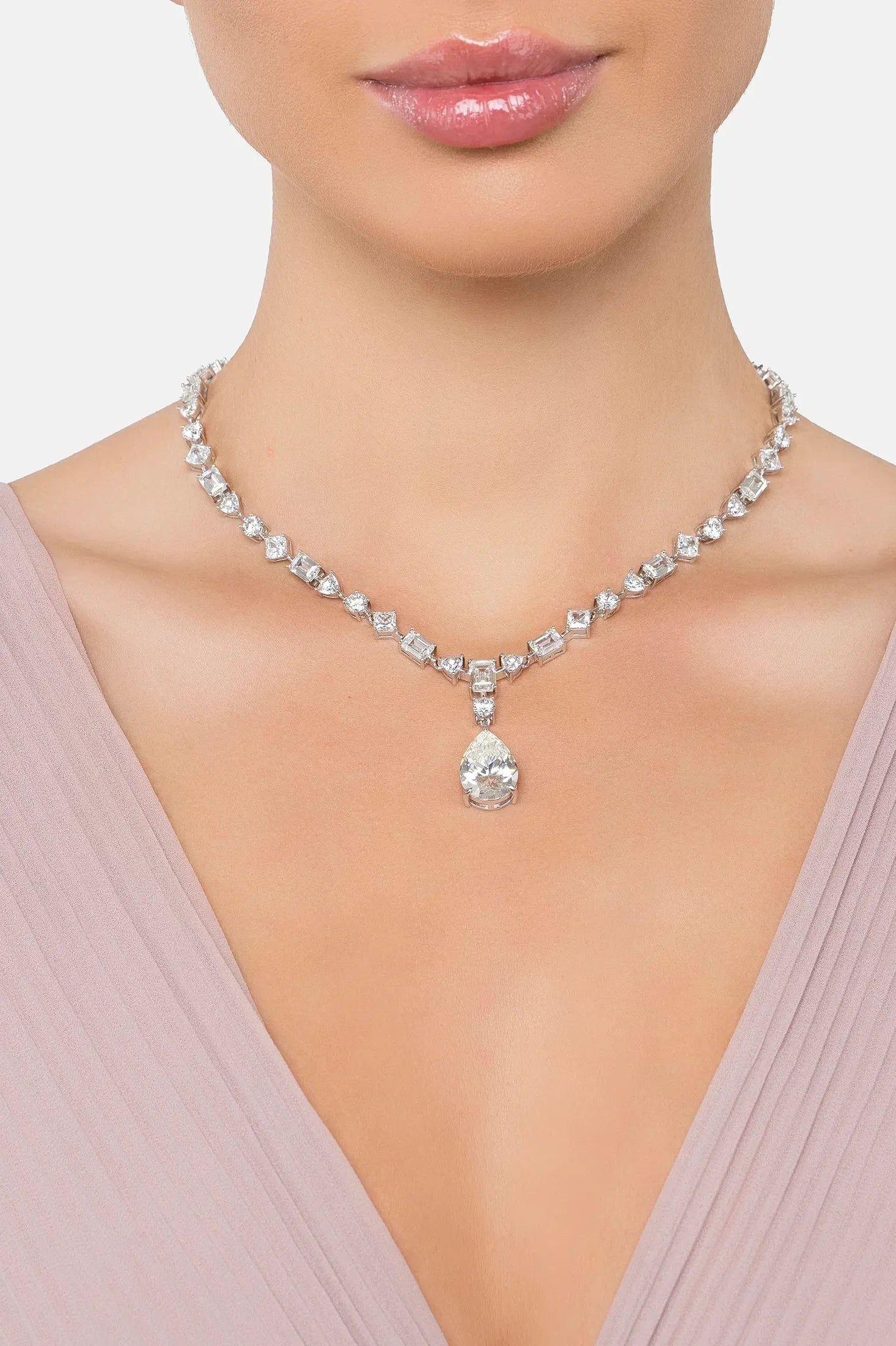 The necklace worn by a model.