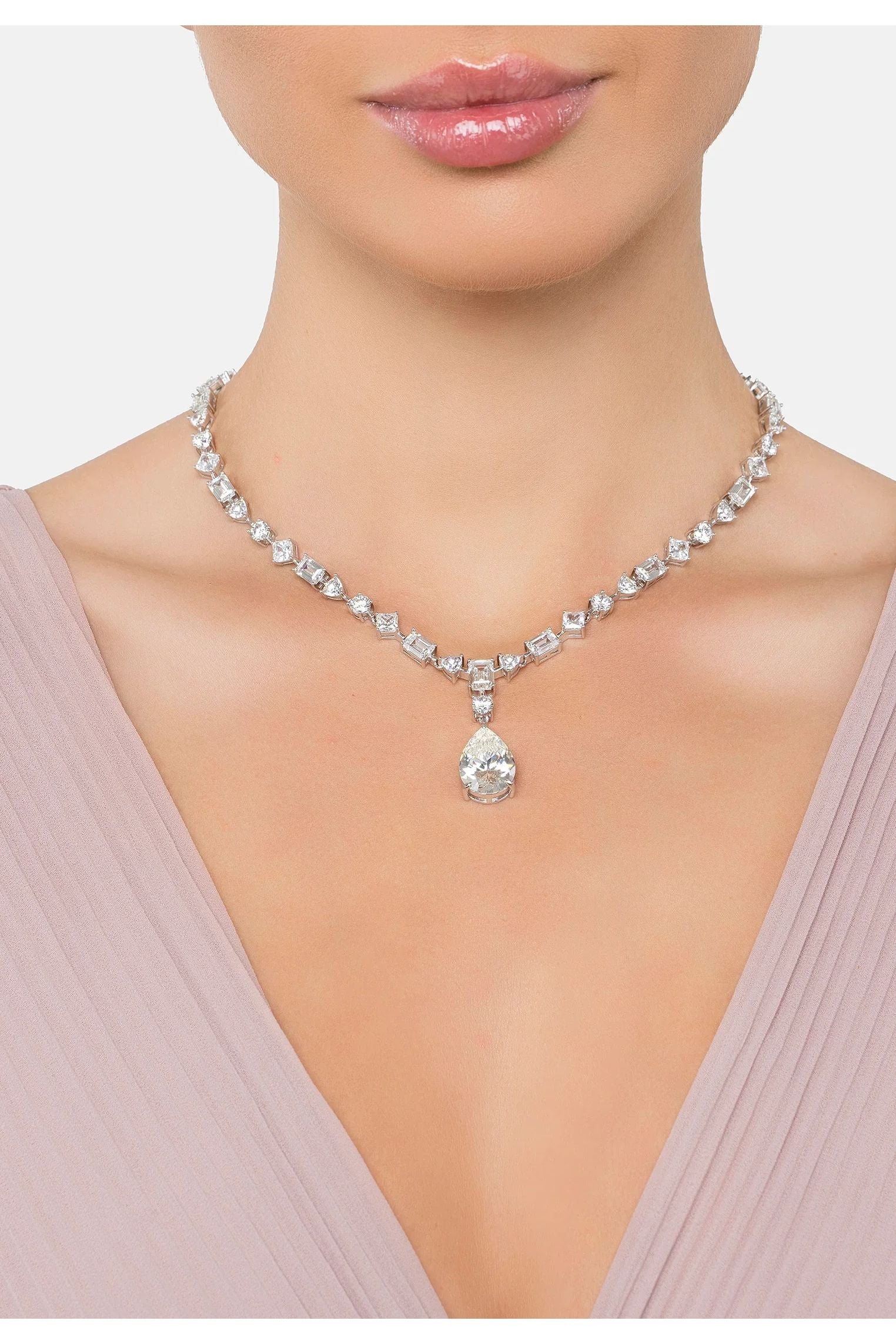 The necklace worn by a model.