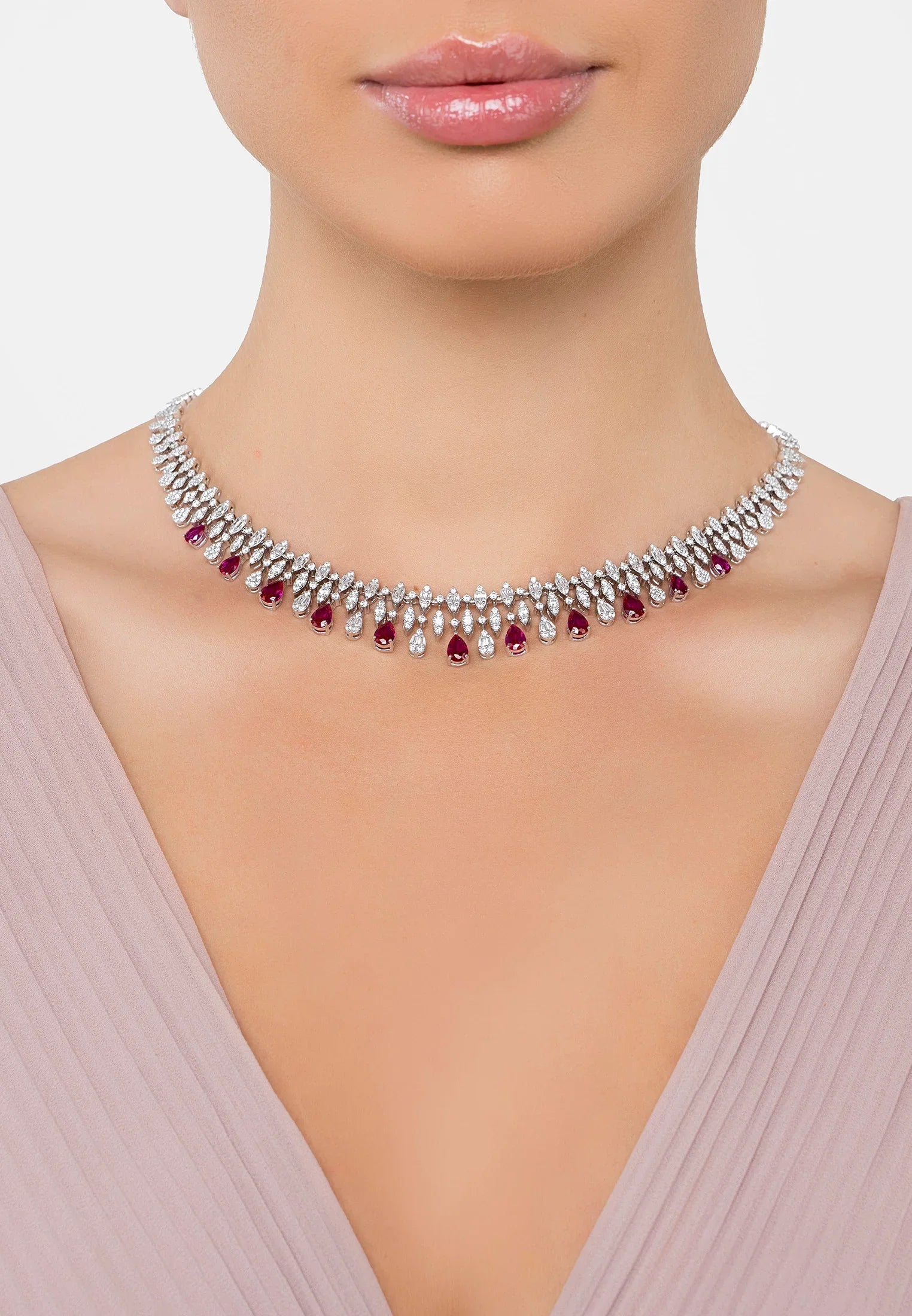 The necklace worn by a model.