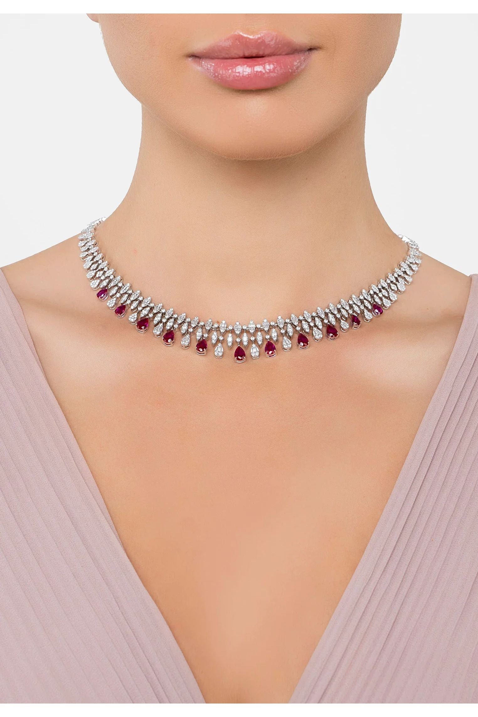 The necklace worn by a model.