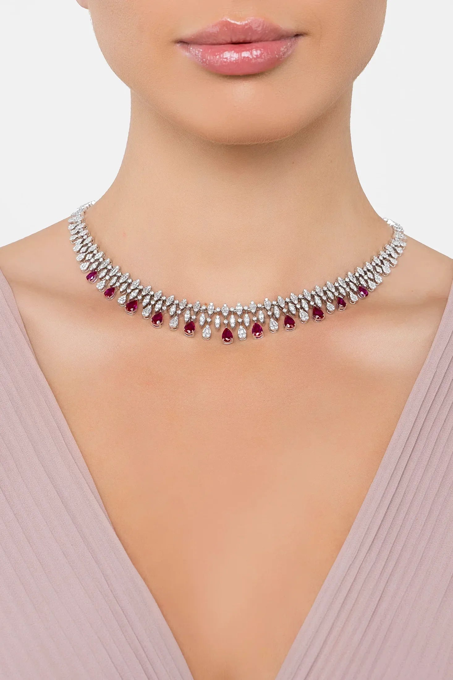 The necklace worn by a model.