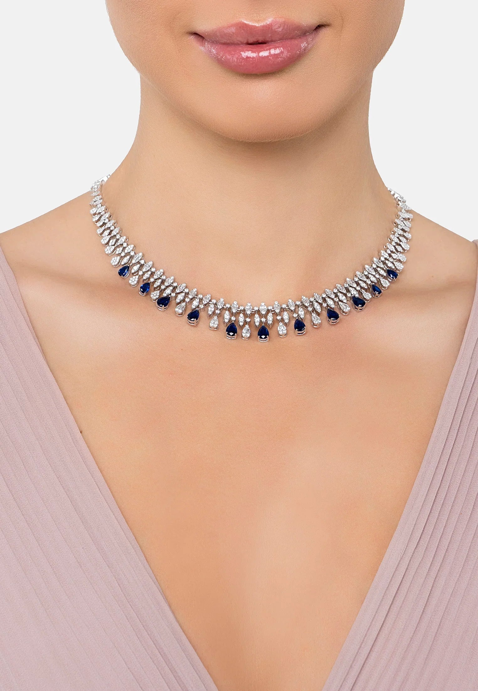 The necklace worn by a model.