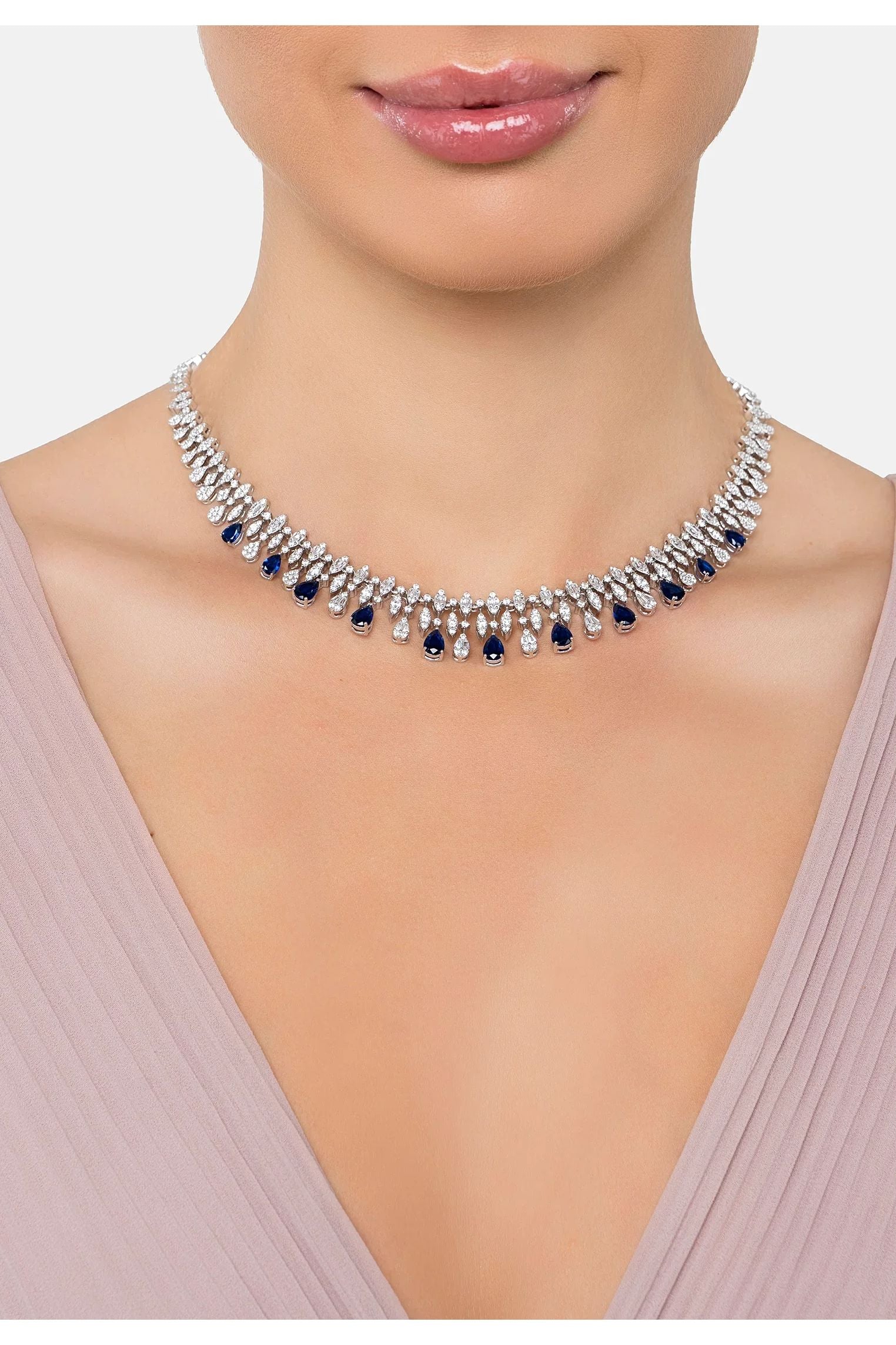 The necklace worn by a model.