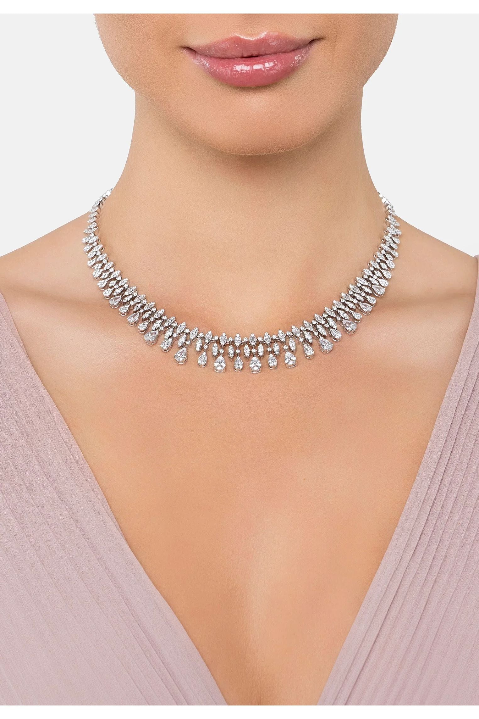 The necklace worn by a model.