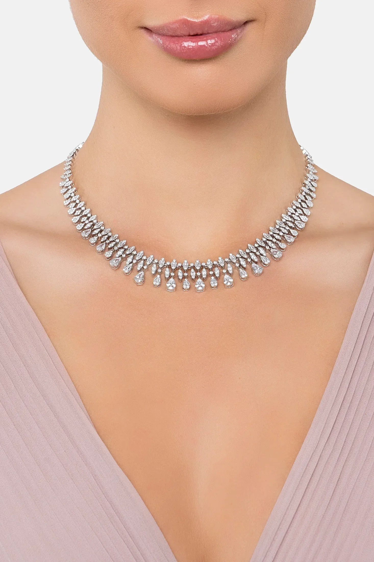The necklace worn by a model.