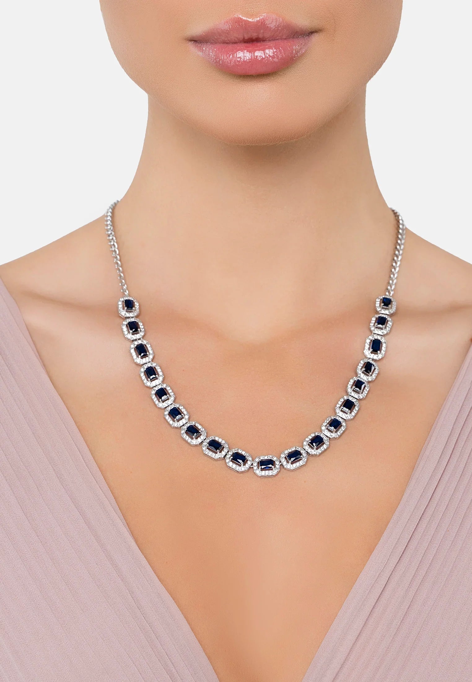 The necklace worn by a model.