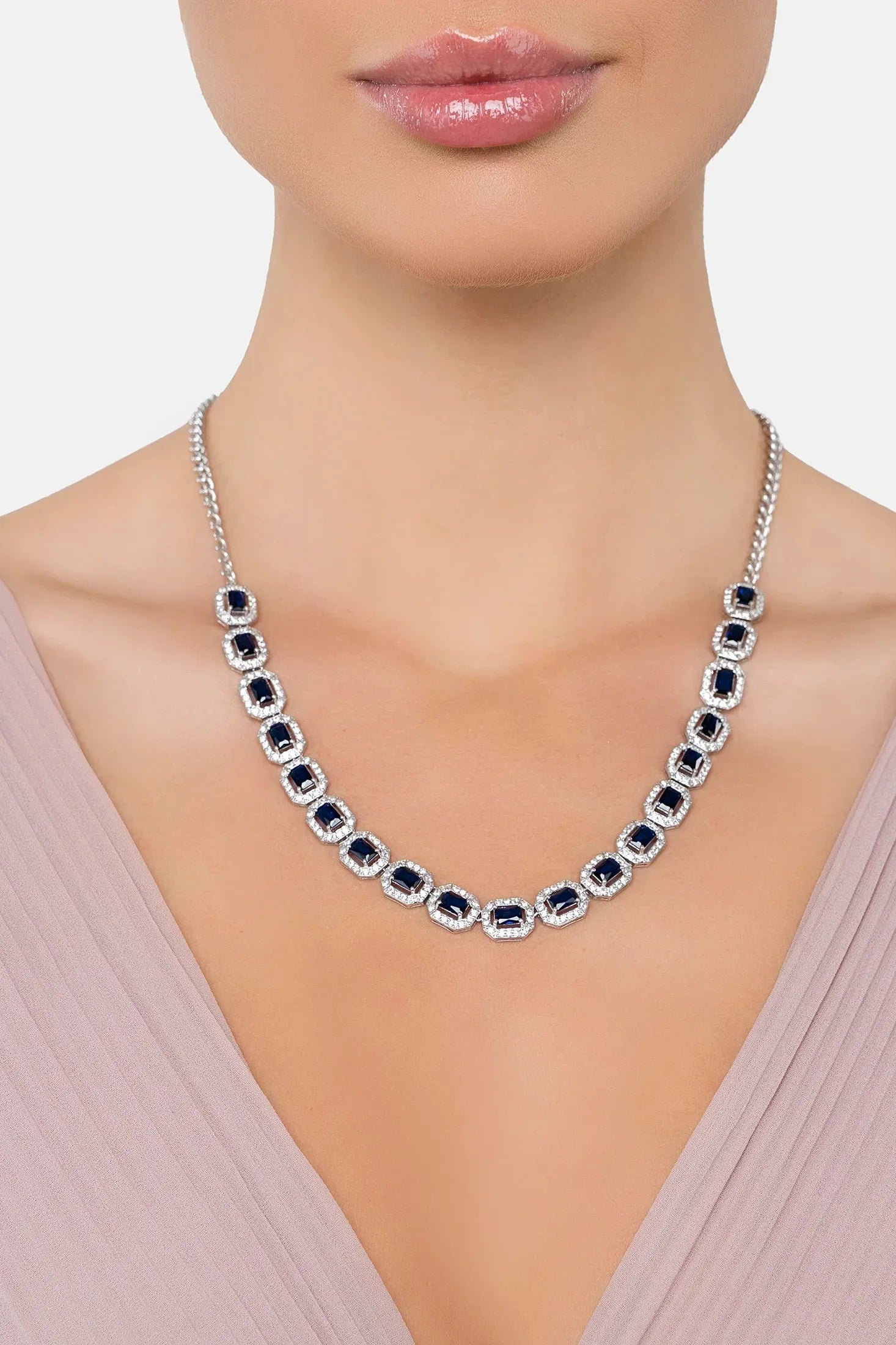 The necklace worn by a model.