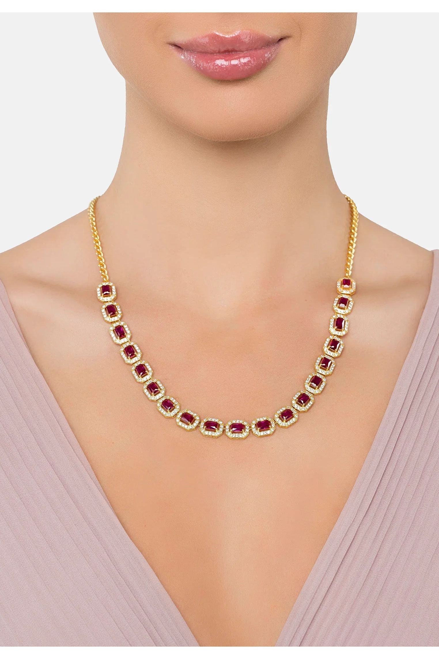 The necklace worn by a model.