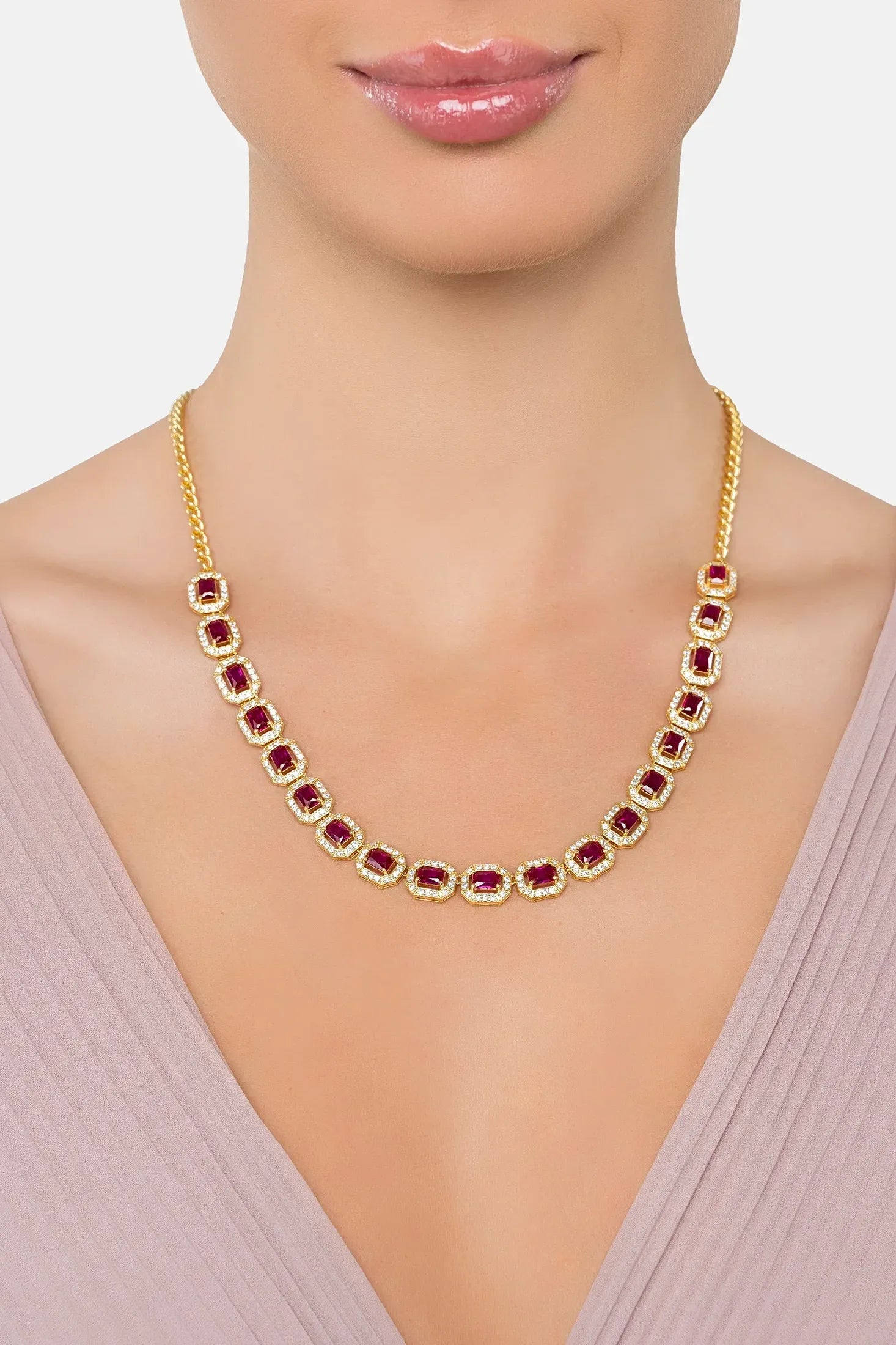 The necklace worn by a model.