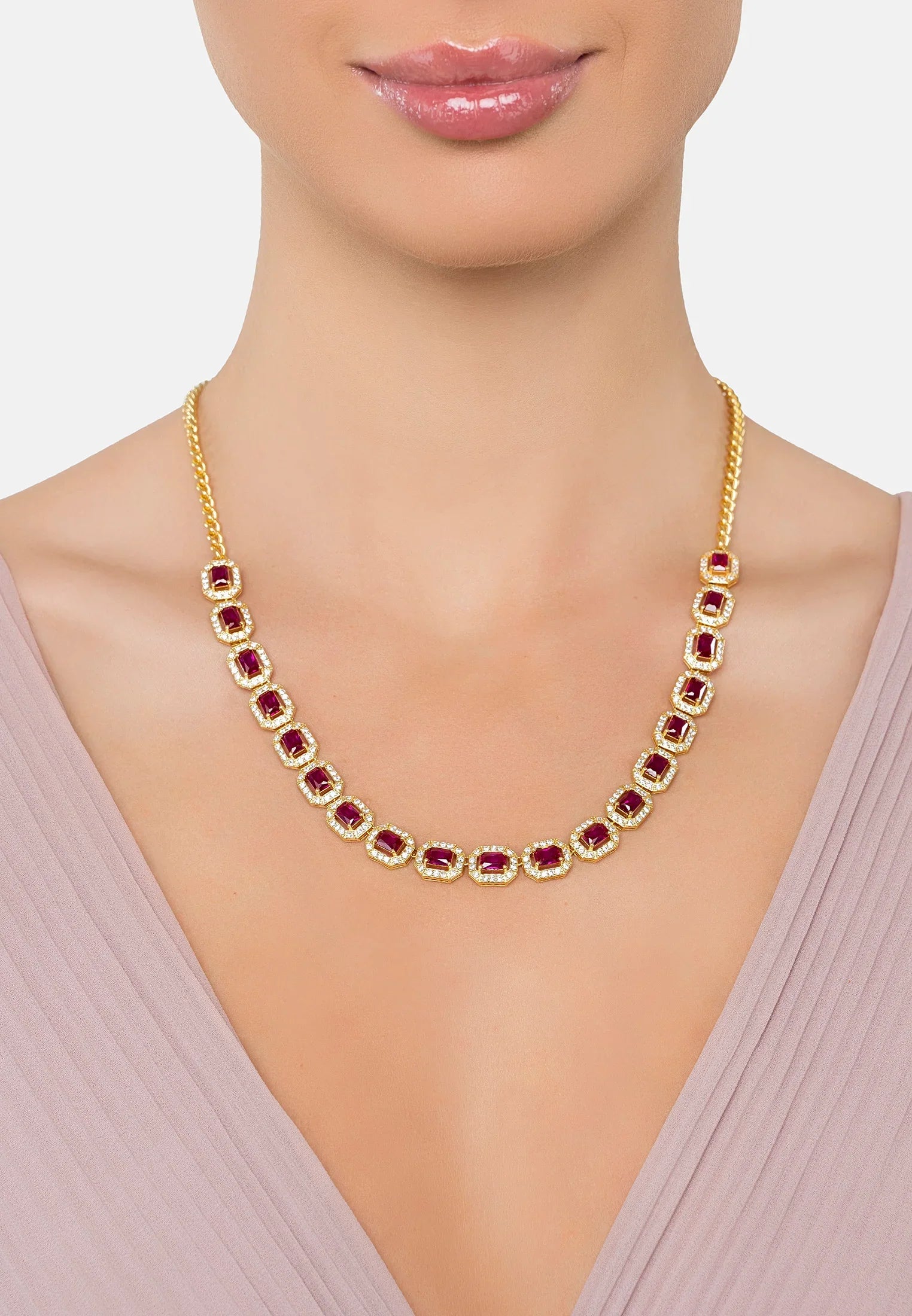 The necklace worn by a model.