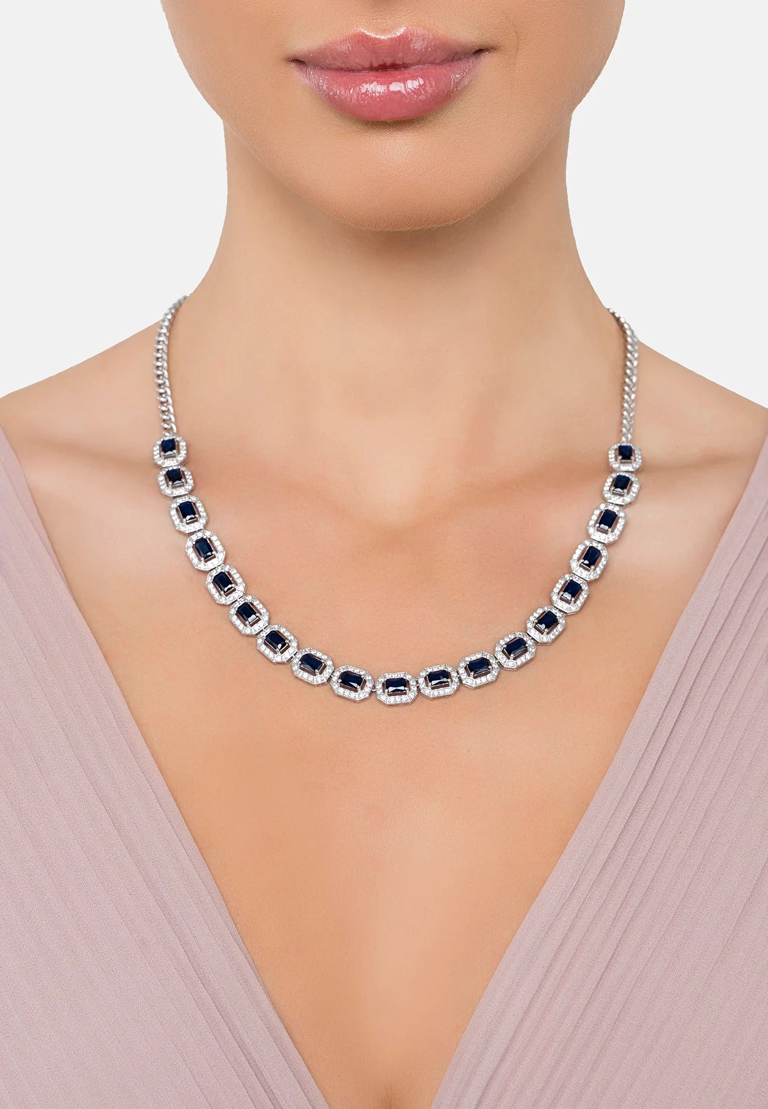 The necklace worn by a model.