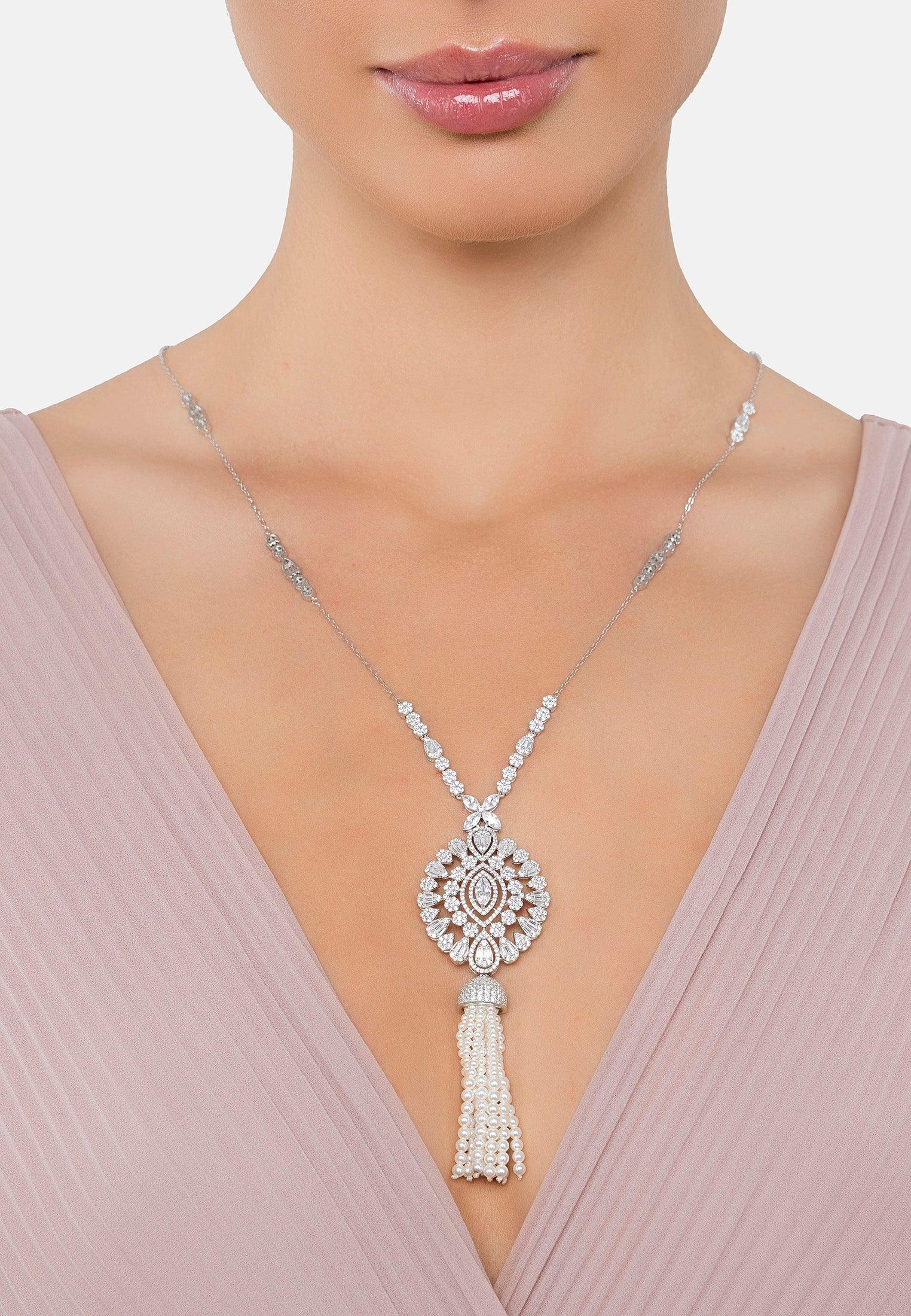 The necklace worn by a model.