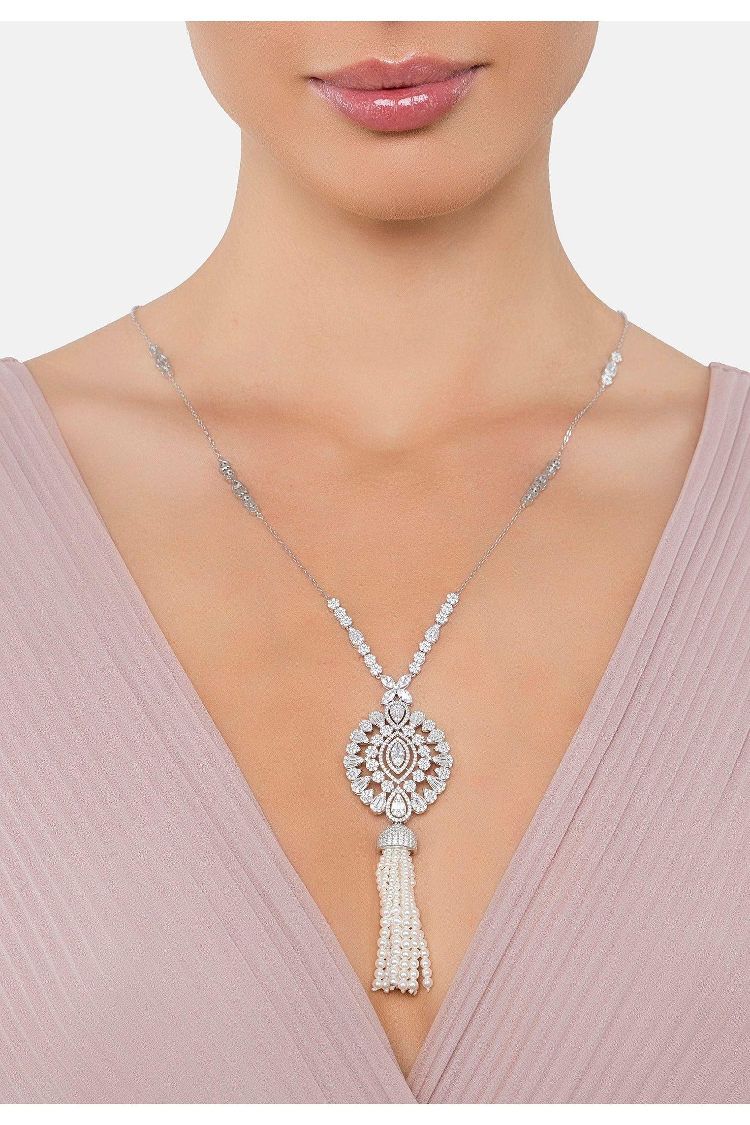 The necklace worn by a model.