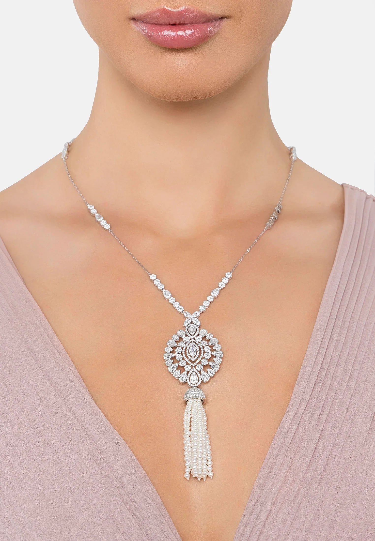 The necklace worn by a model.