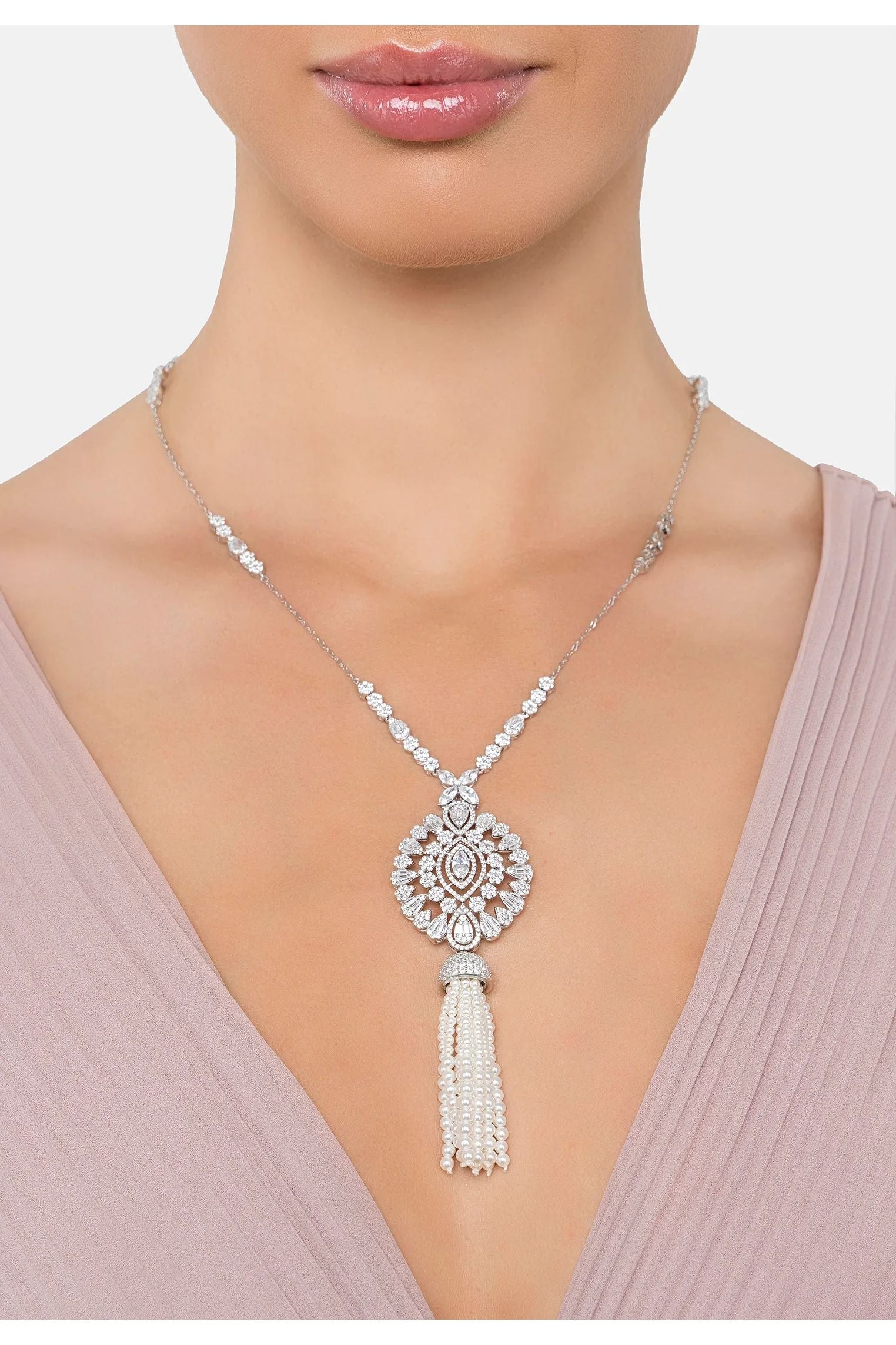 The necklace worn by a model.