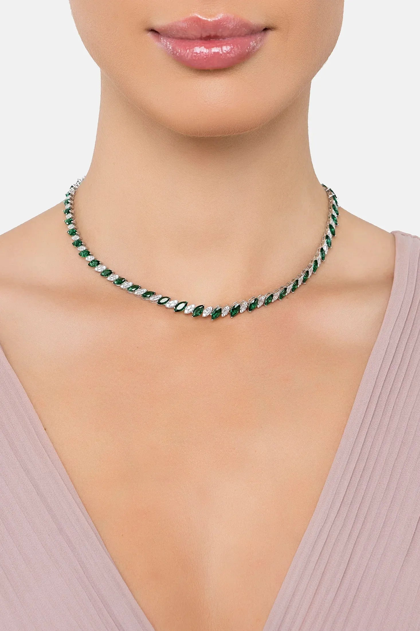 The necklace worn by a model.