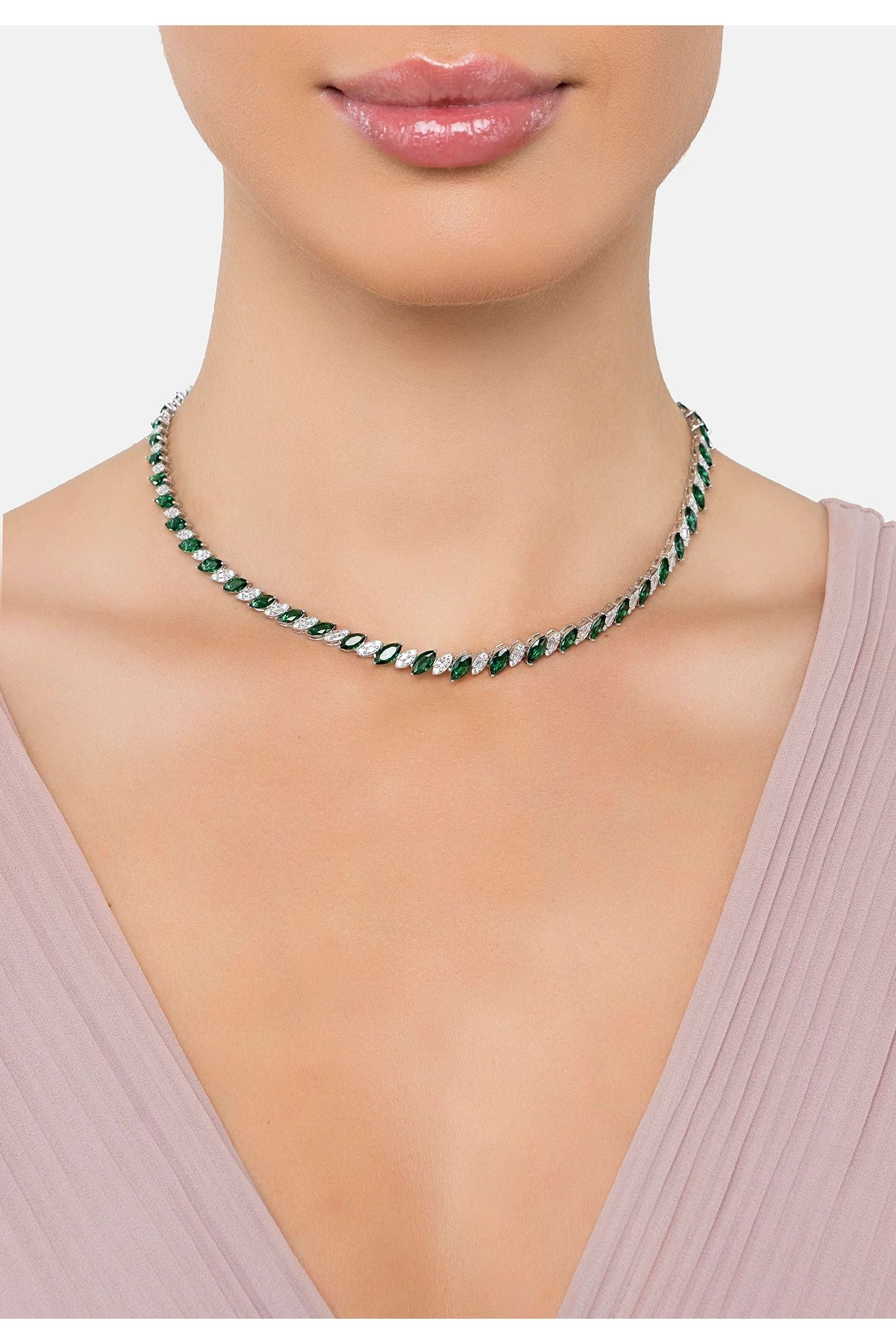 The necklace worn by a model.