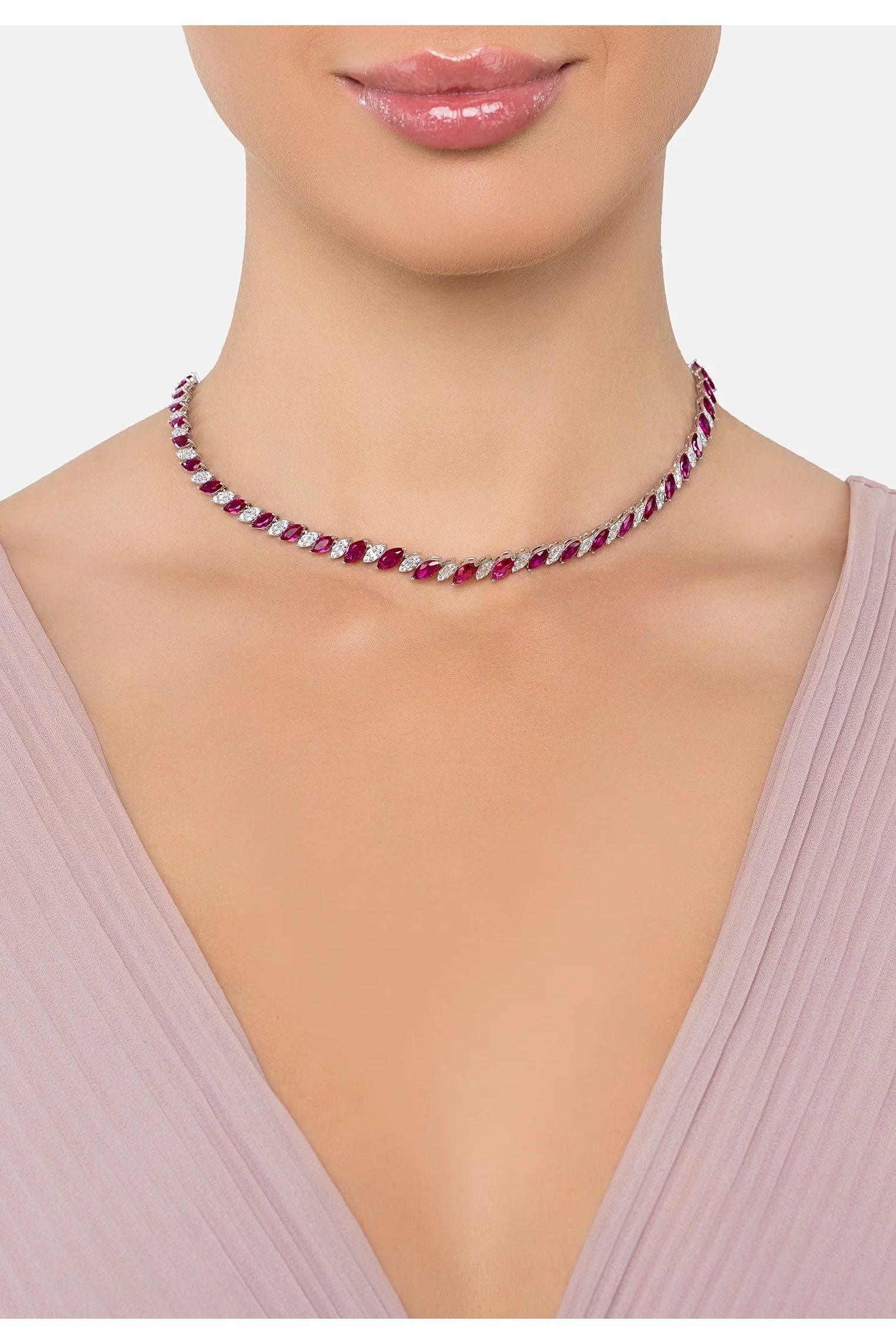 The necklace worn by a model.