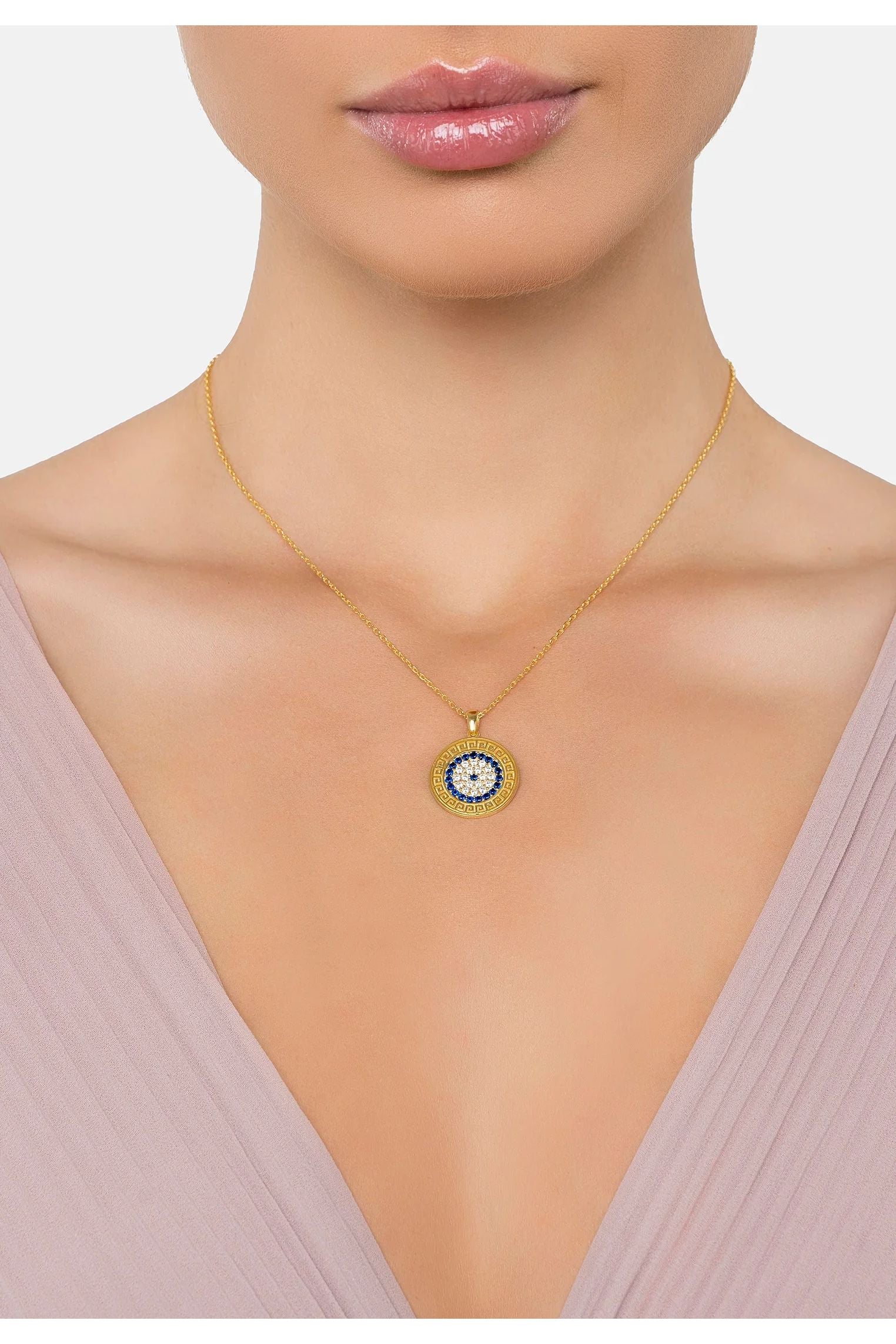 The necklace worn by a model.