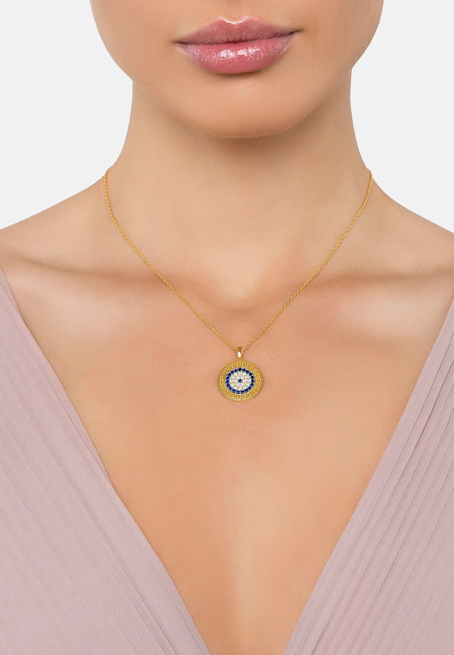 The necklace worn by a model.
