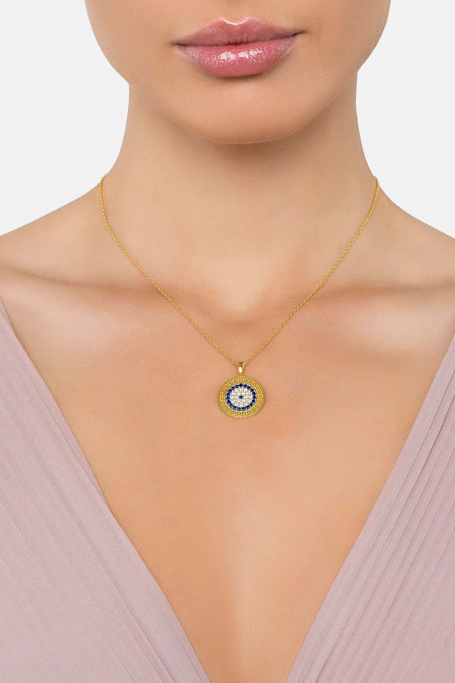 The necklace worn by a model.