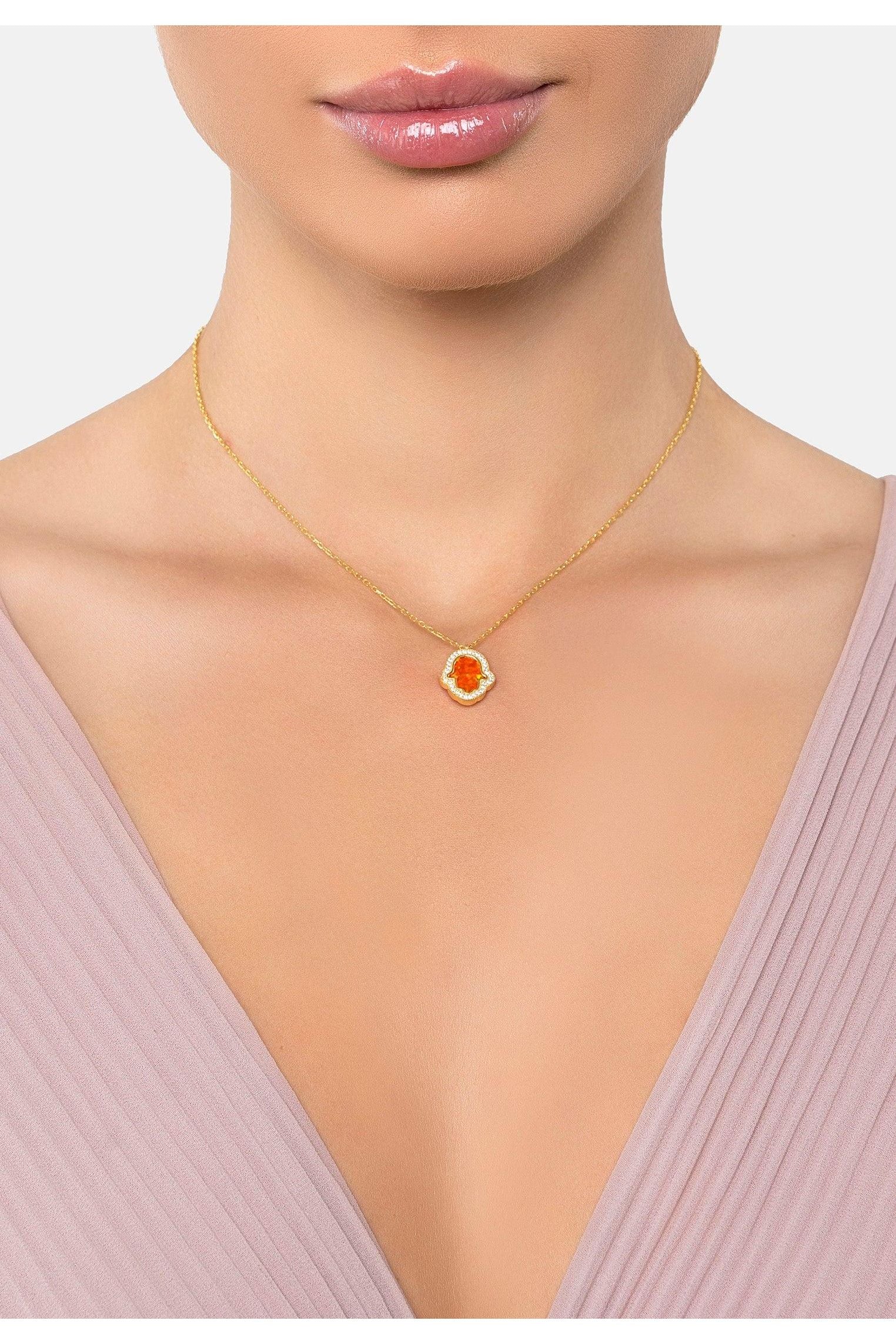 The necklace worn by a model.