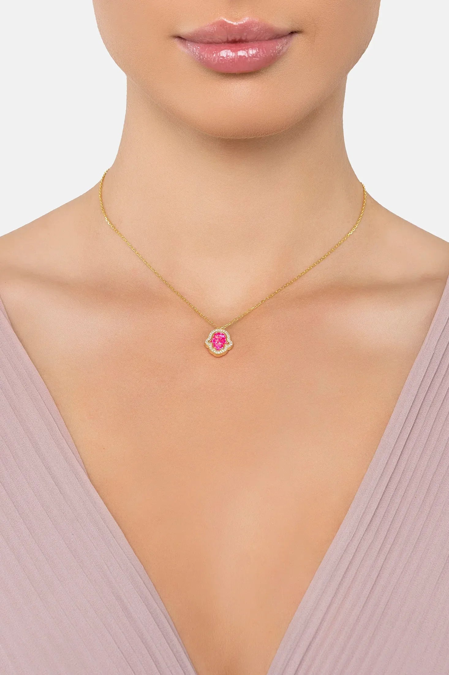 The necklace worn by a model.