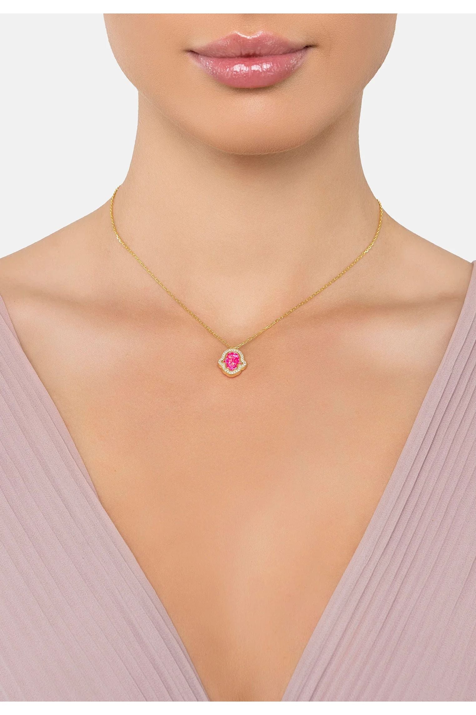 The necklace worn by a model.