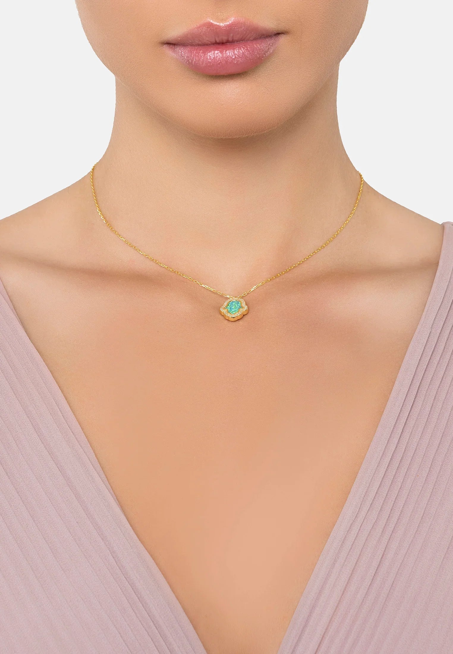 The necklace worn by a model.