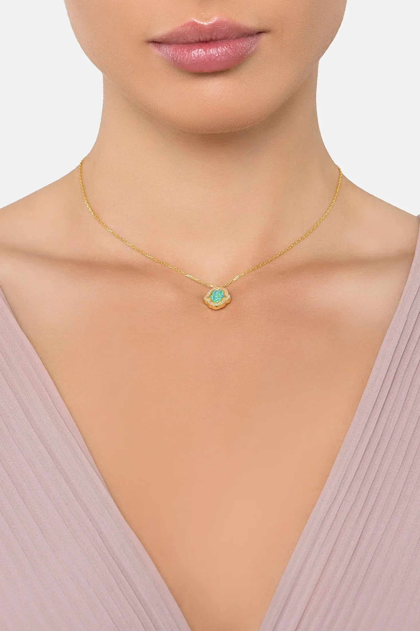 The necklace worn by a model.