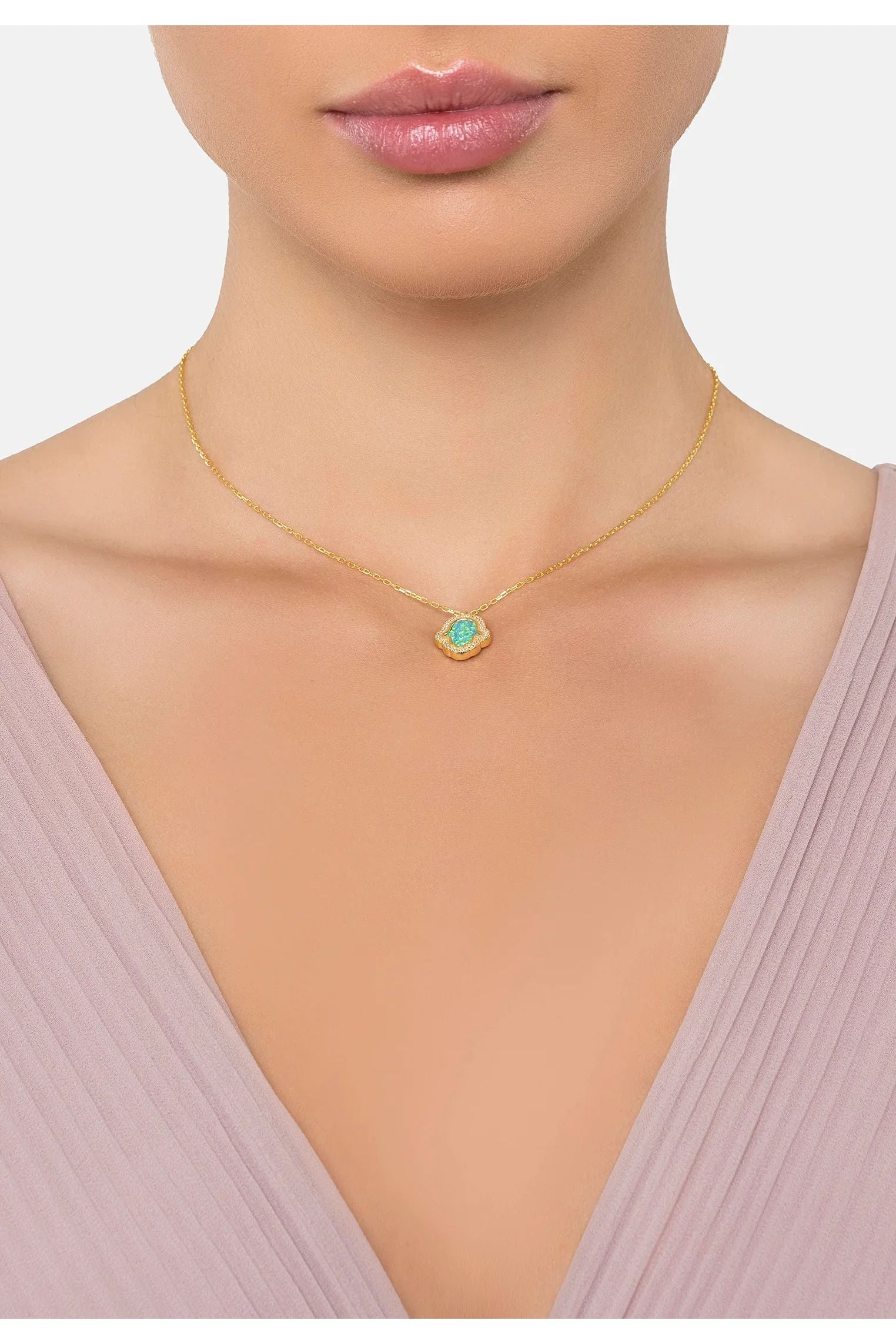 The necklace worn by a model.