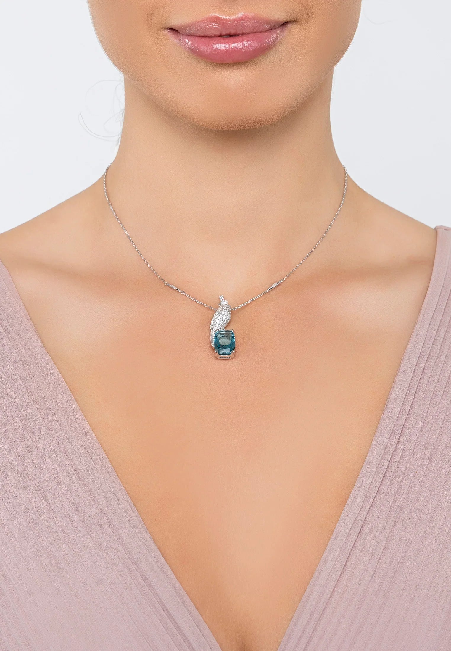 The necklace worn by a model.