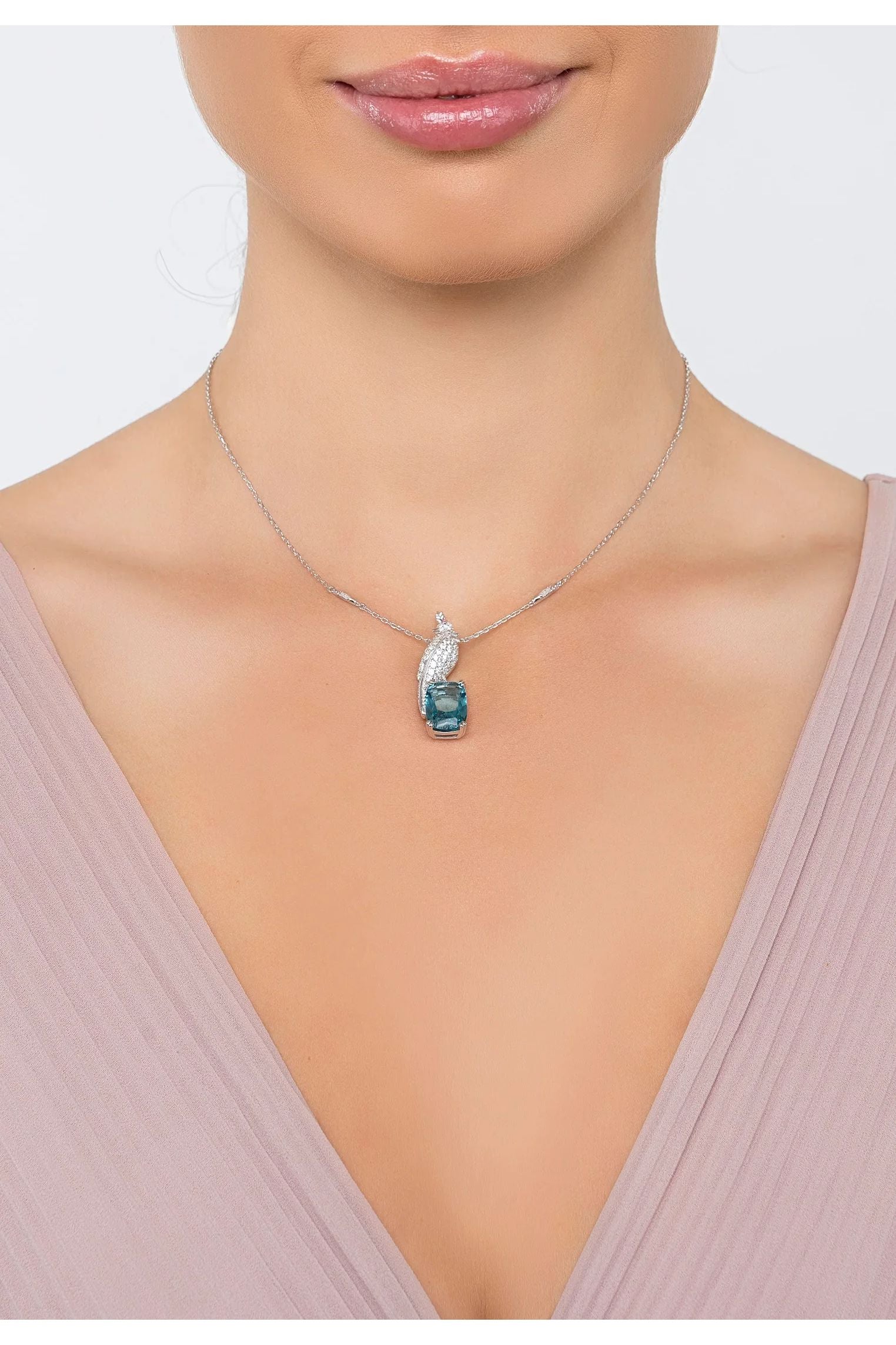 The necklace worn by a model.