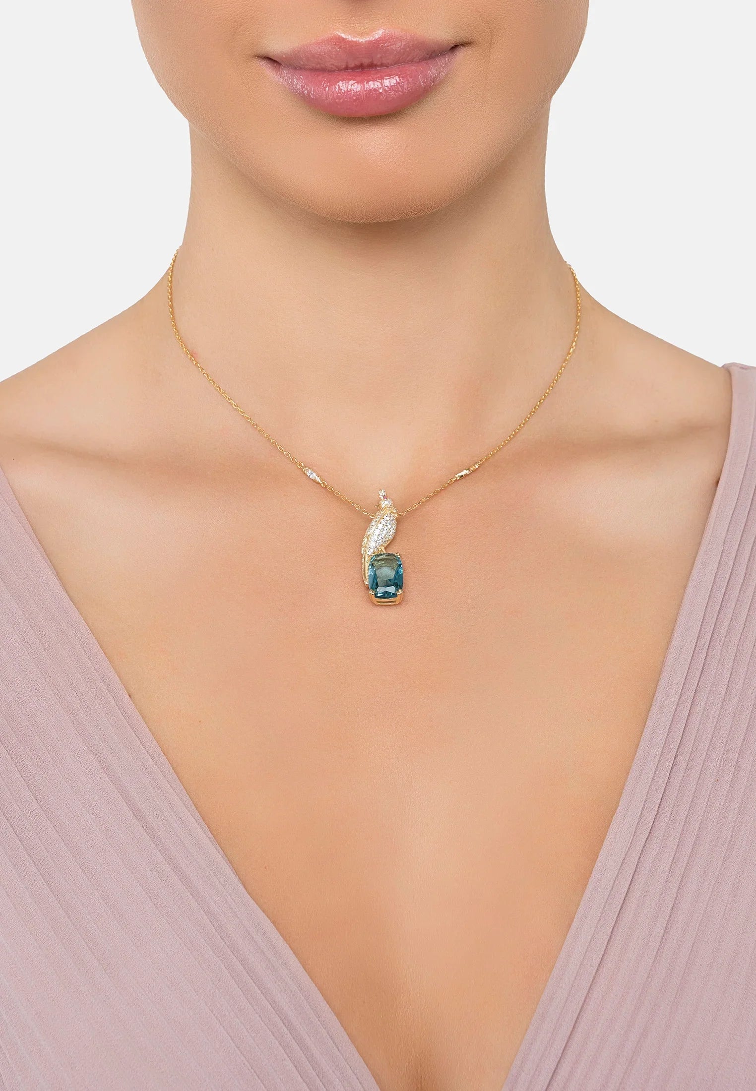 The necklace worn by a model.