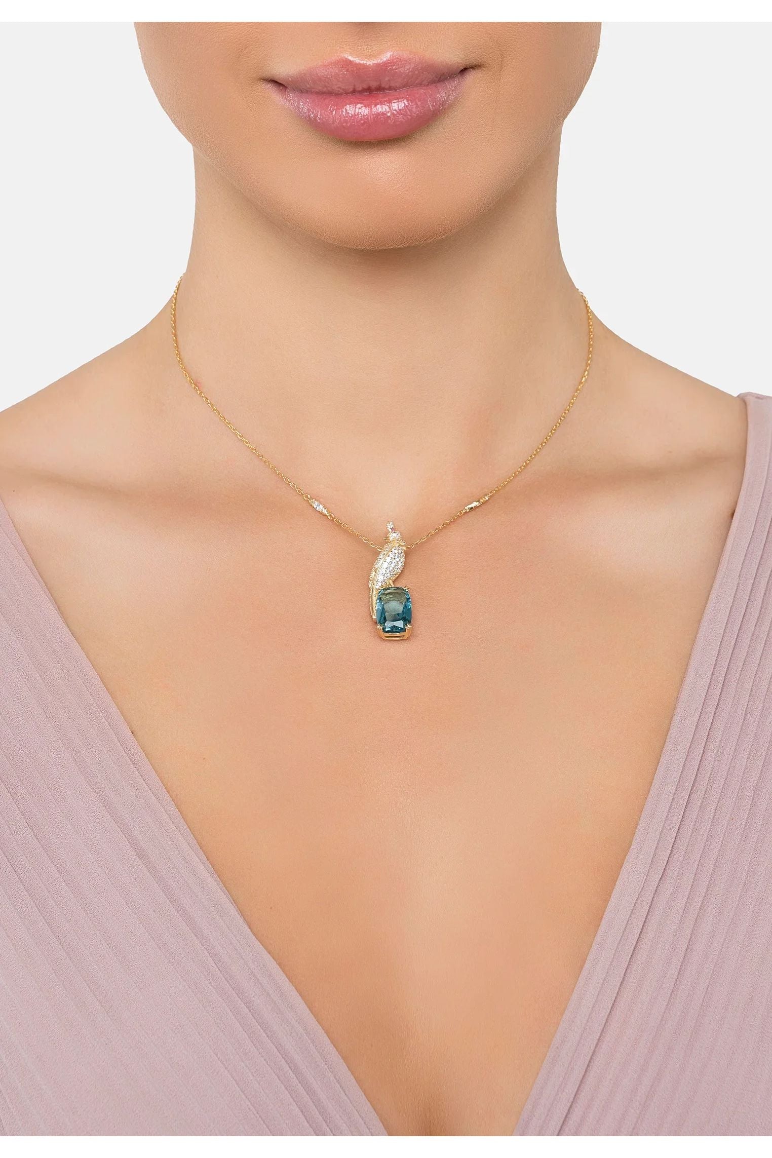 The necklace worn by a model.