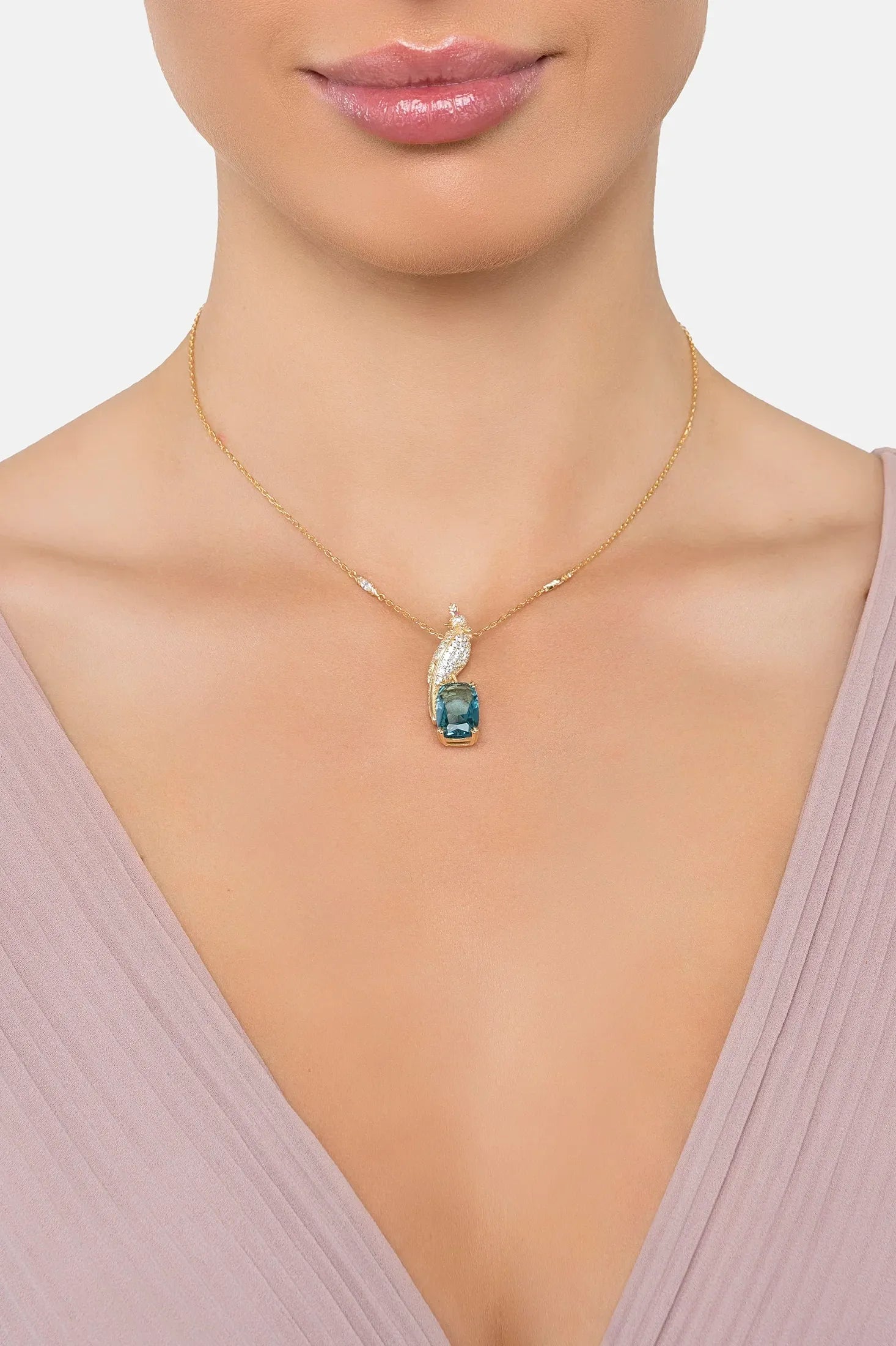 The necklace worn by a model.