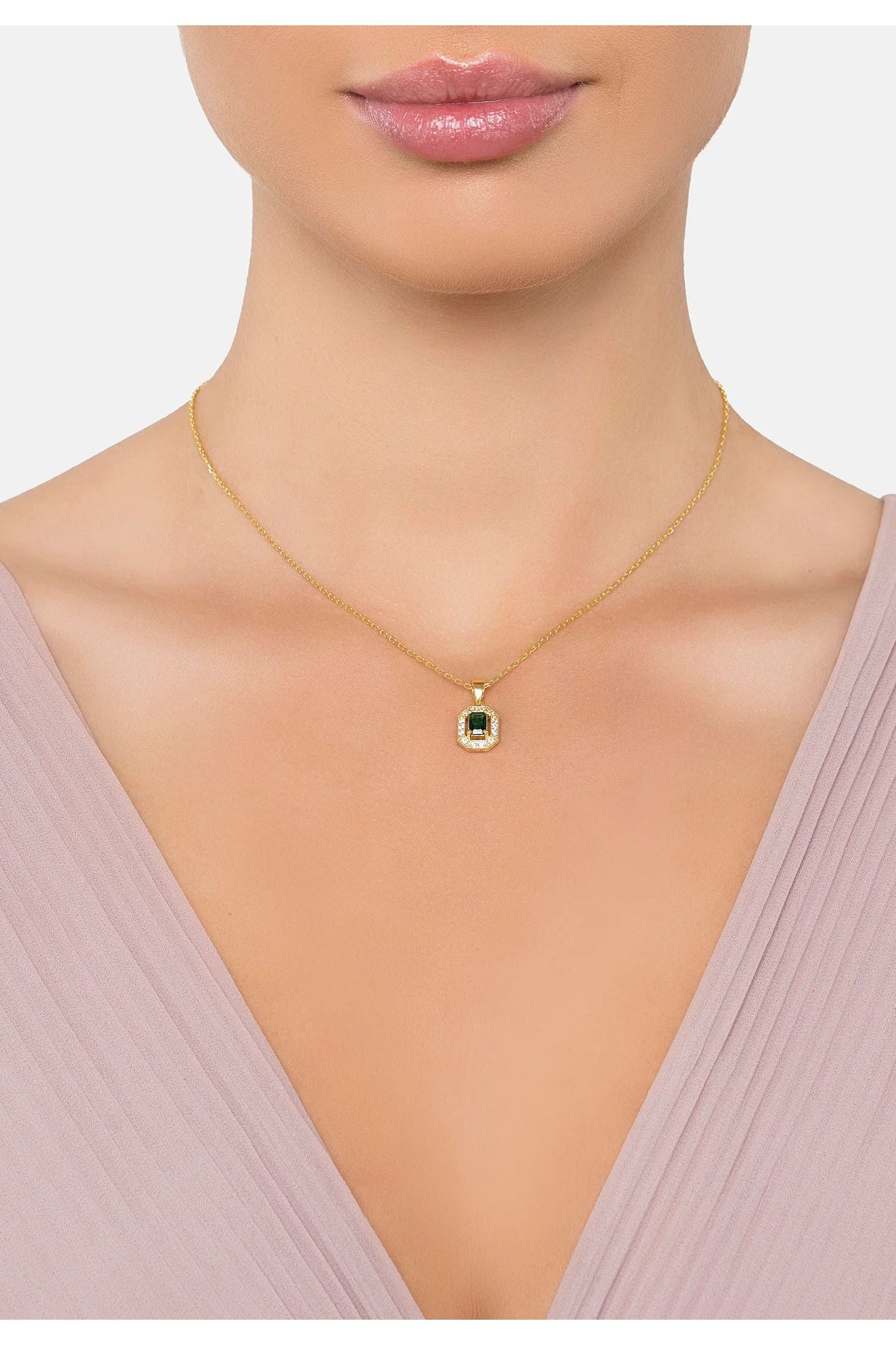 The necklace worn by a model.