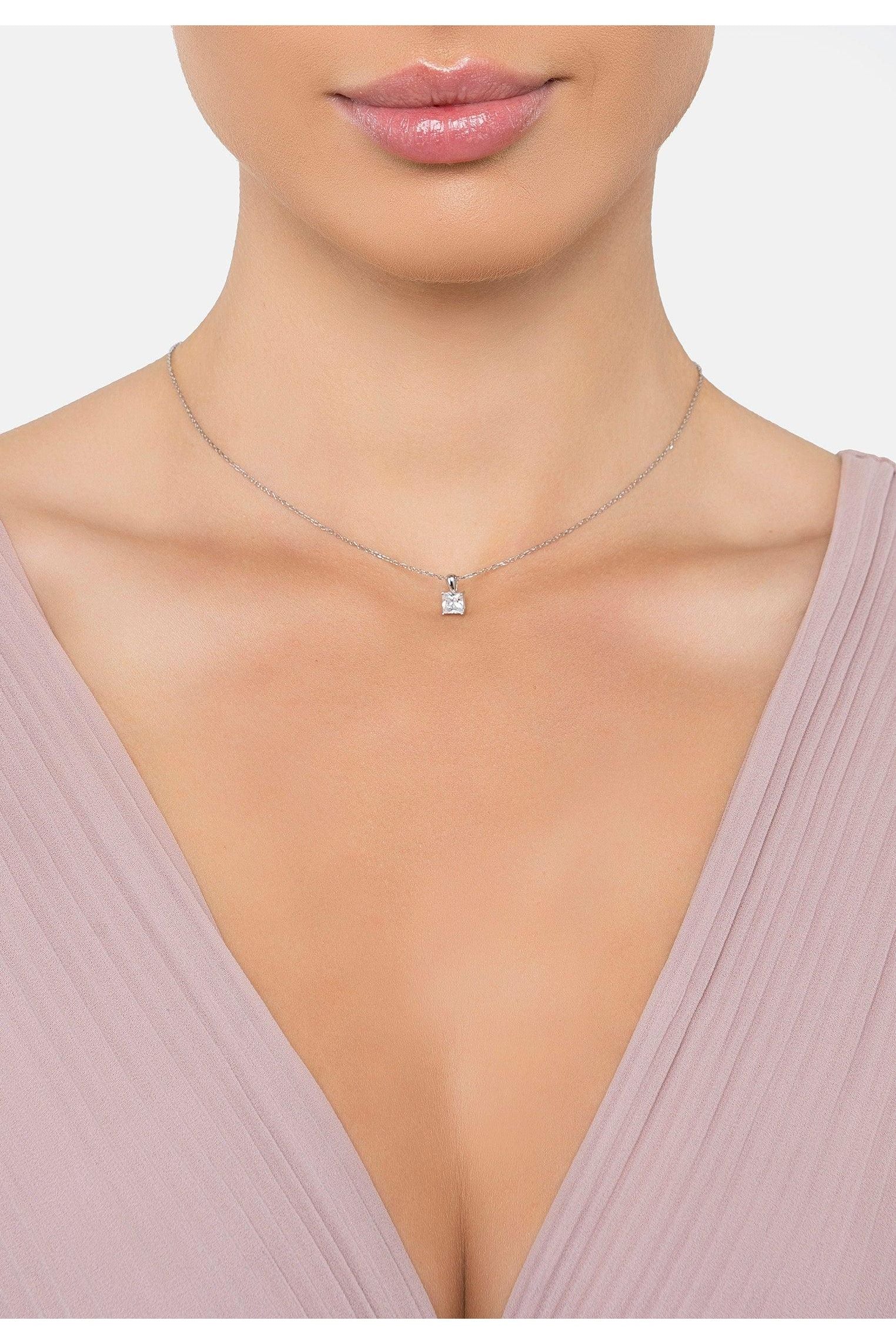 The necklace worn by a model.