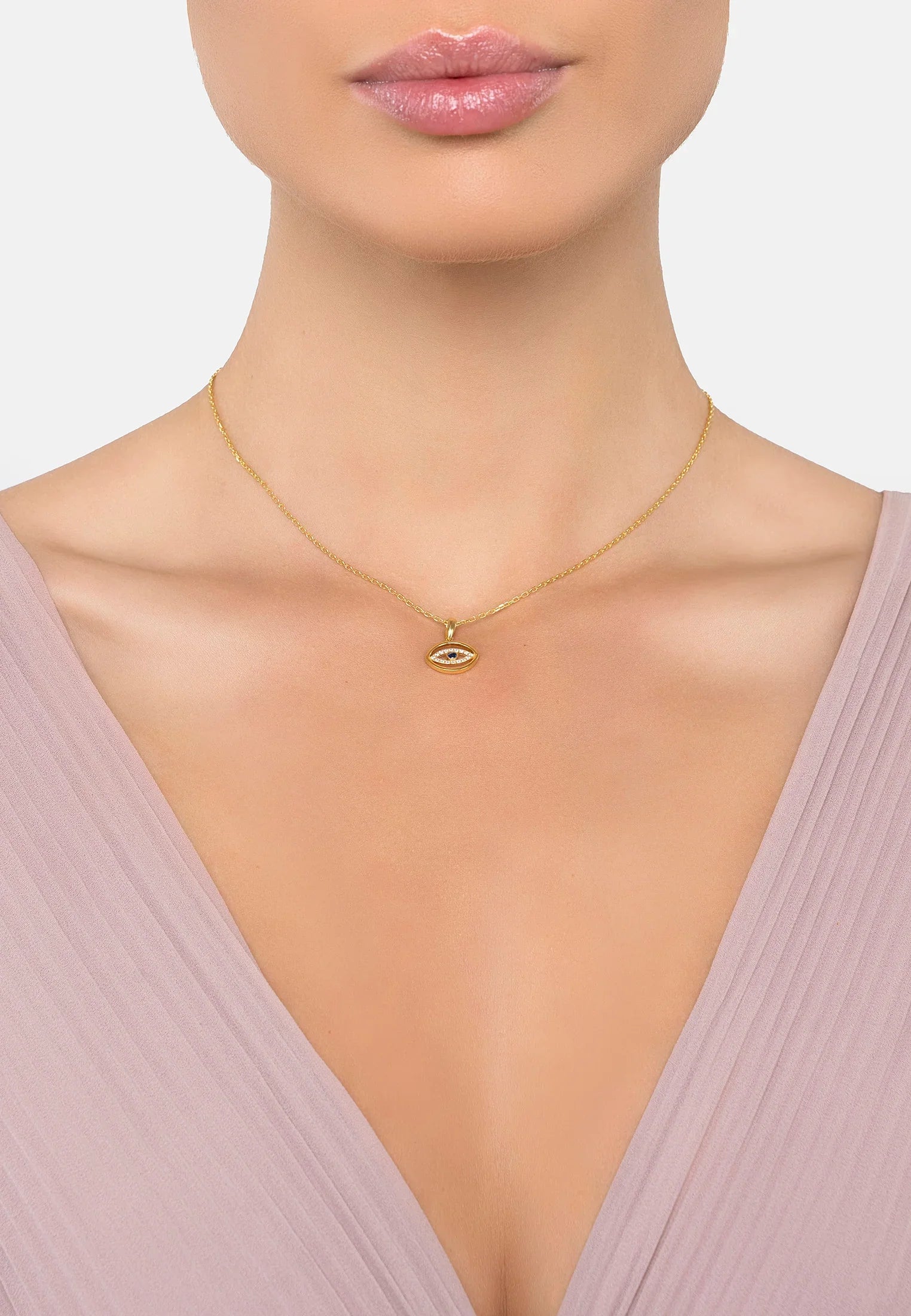 The necklace worn by a model.