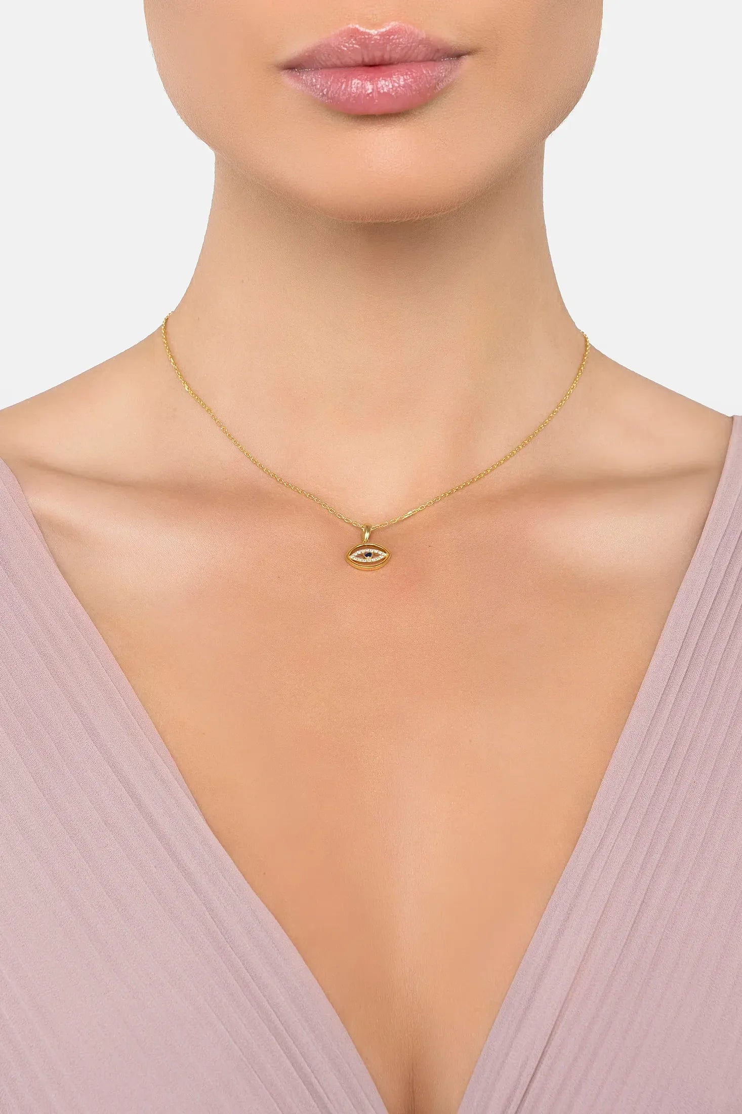 The necklace worn by a model.