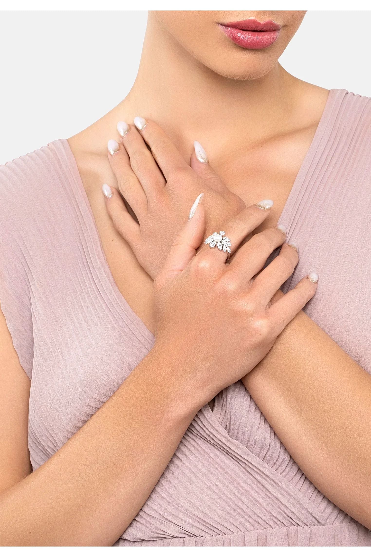 The ring worn by a model.