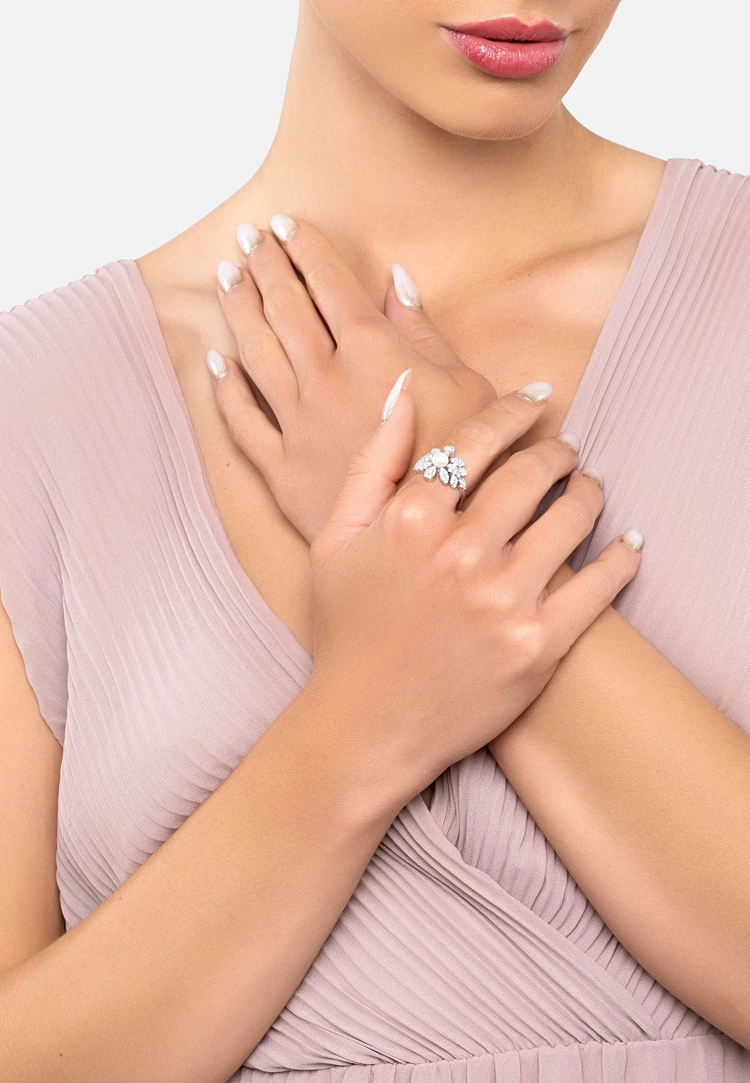 The ring worn by a model.